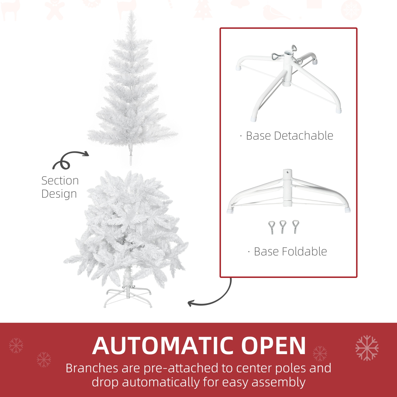HOMCOM 5FT Artificial Christmas Tree with Pine Realistic Branches, Auto Open, for Indoor Decoration, White