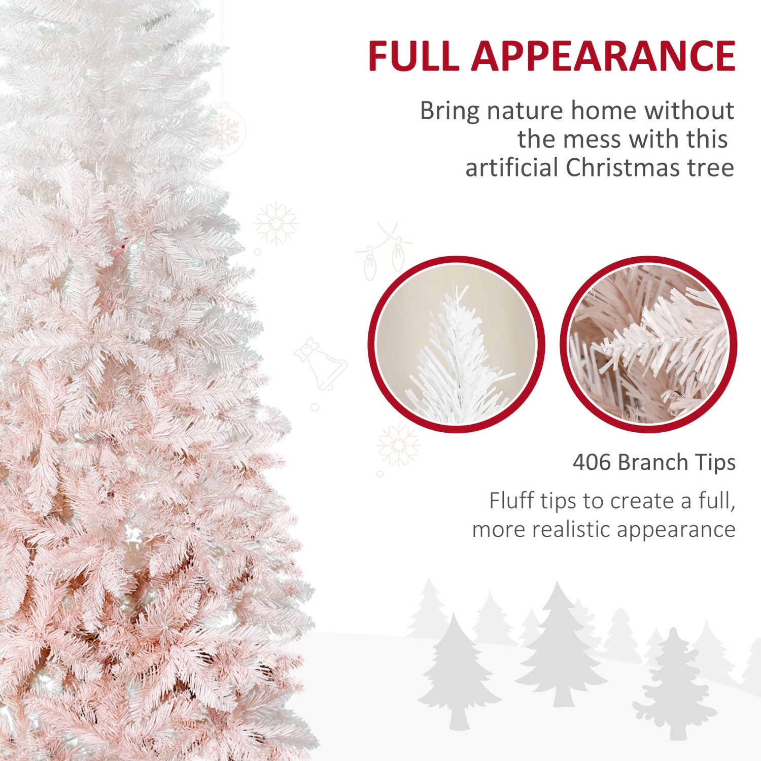 HOMCOM Arbre de Noël artificiel de 6 pieds avec 406 branches réalistes en pin, ouverture automatique, rose et blanc