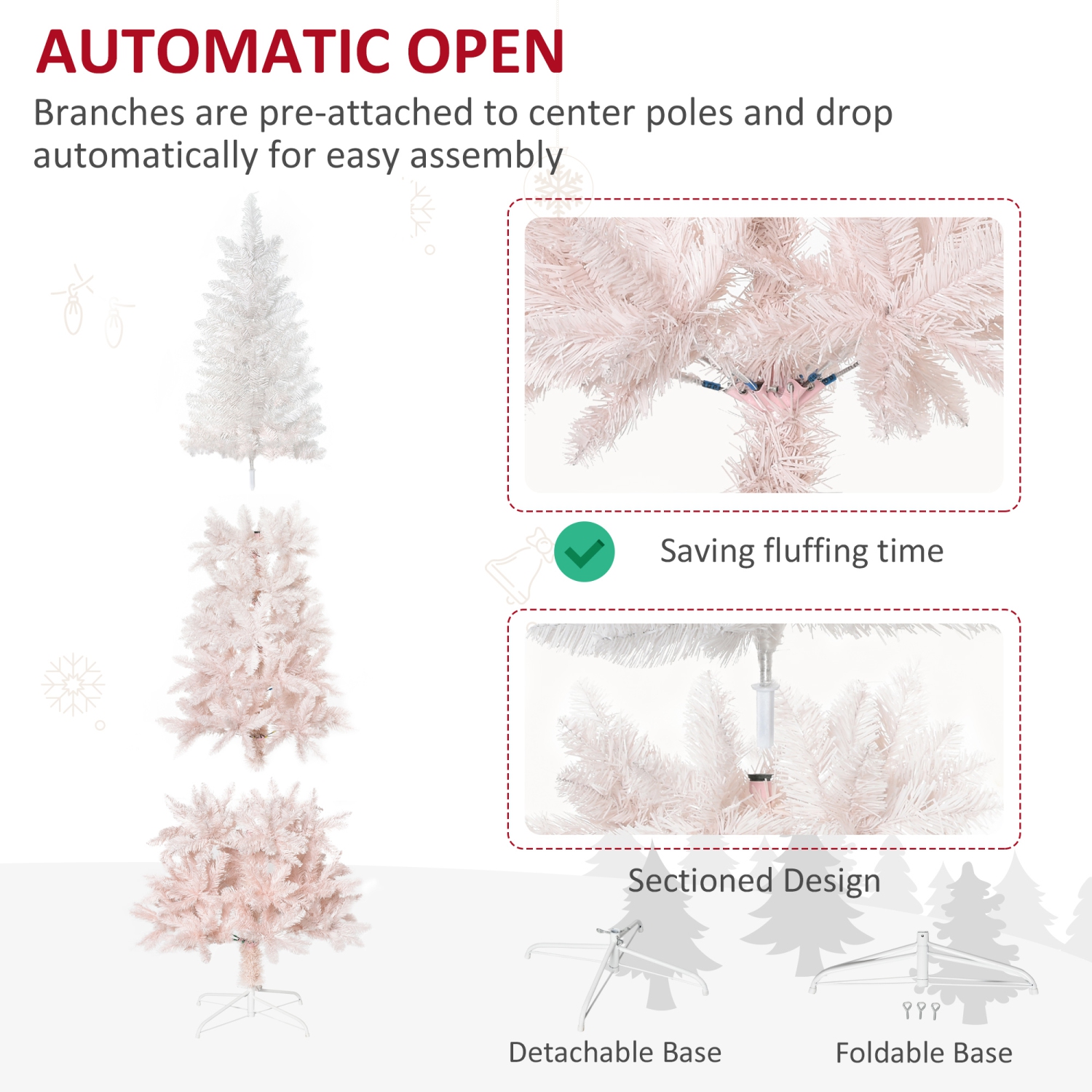 HOMCOM Arbre de Noël artificiel de 6 pieds avec 406 branches réalistes en pin, ouverture automatique, rose et blanc