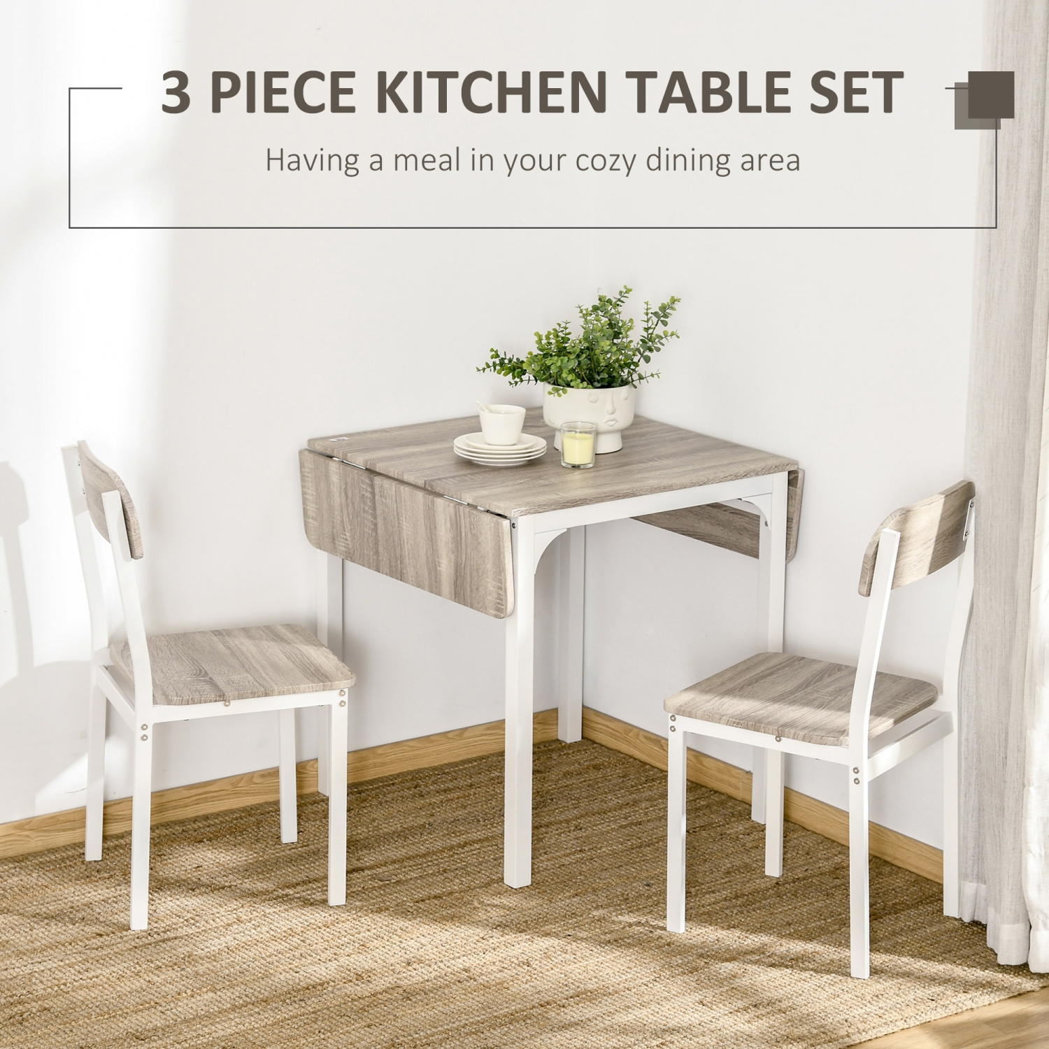 HOMCOM – Ensemble de table à manger pour 2, ensemble de 3 tables de cuisine pour 2, table rectangulaire pliante avec 2 abattants, 2 chaises pour