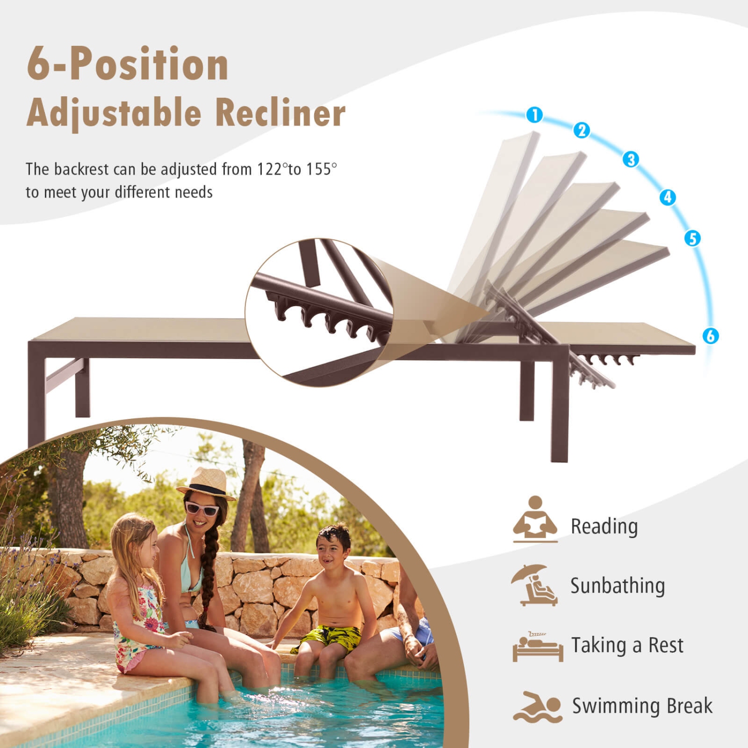 Costway Patio 6-Position Lounge Chair Chaise Aluminium Adjust Recliner