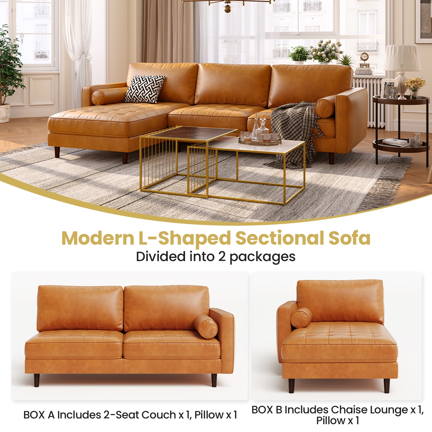 Costway 105" Air Leather L-Shaped Sectional Sofa w/ Chaise Lounge & 2 Bolster Pillows