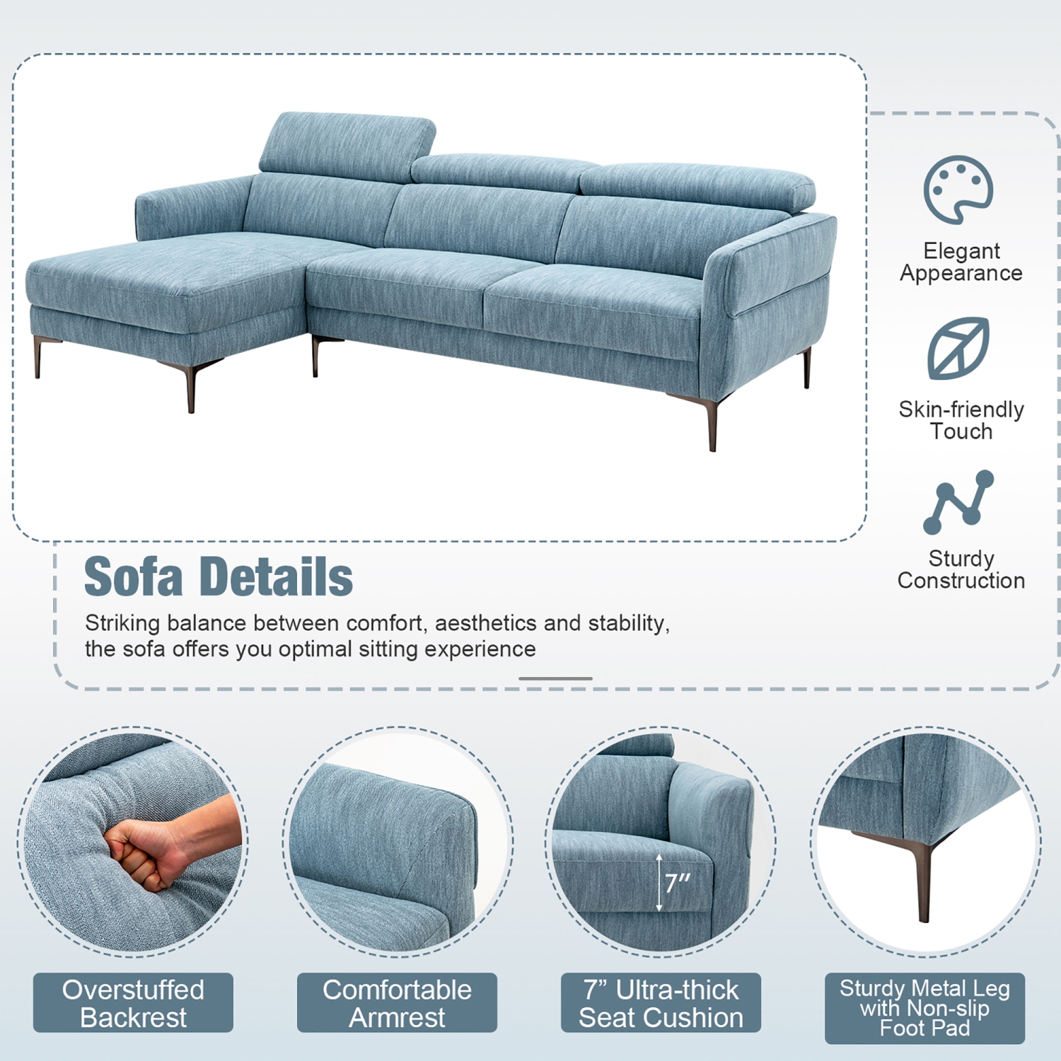 Costway 105" L-Shaped Sectional Sofa w/ Oversized Chaise Lounge & 3 Adjustable Headrests