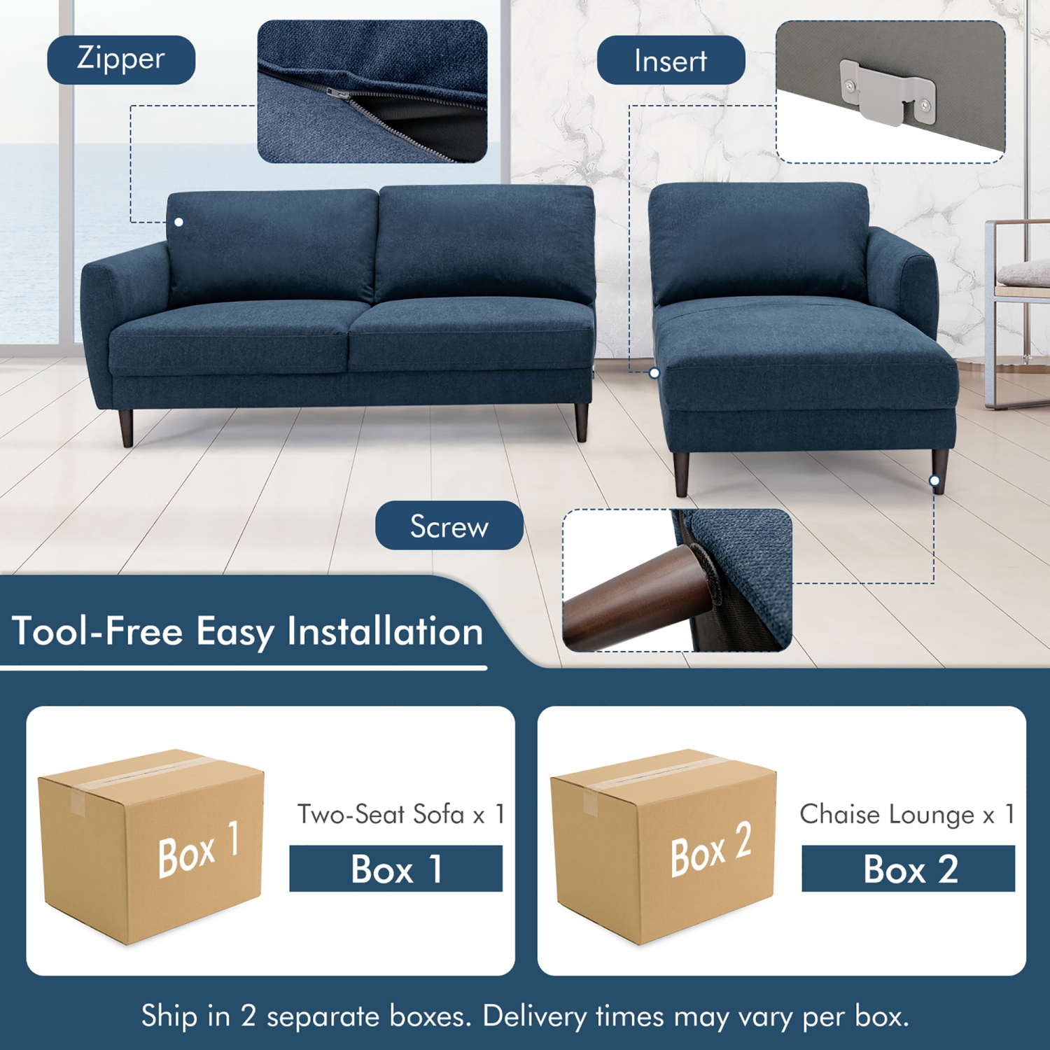 Sofa modulaire en L 104&nbsp;po de Costway avec chaise longue et pattes en bois massif