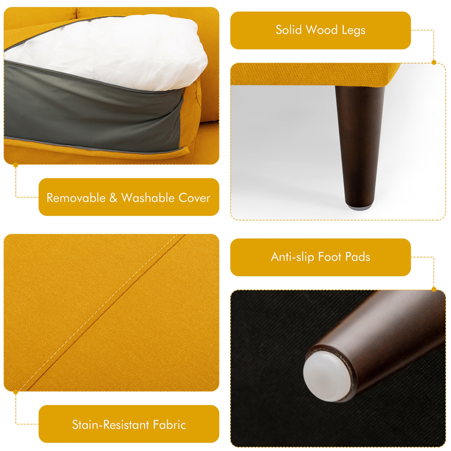 Costway 104" L-Shaped Fabric Sectional Sofa w/ Chaise Lounge & Solid Wood Legs