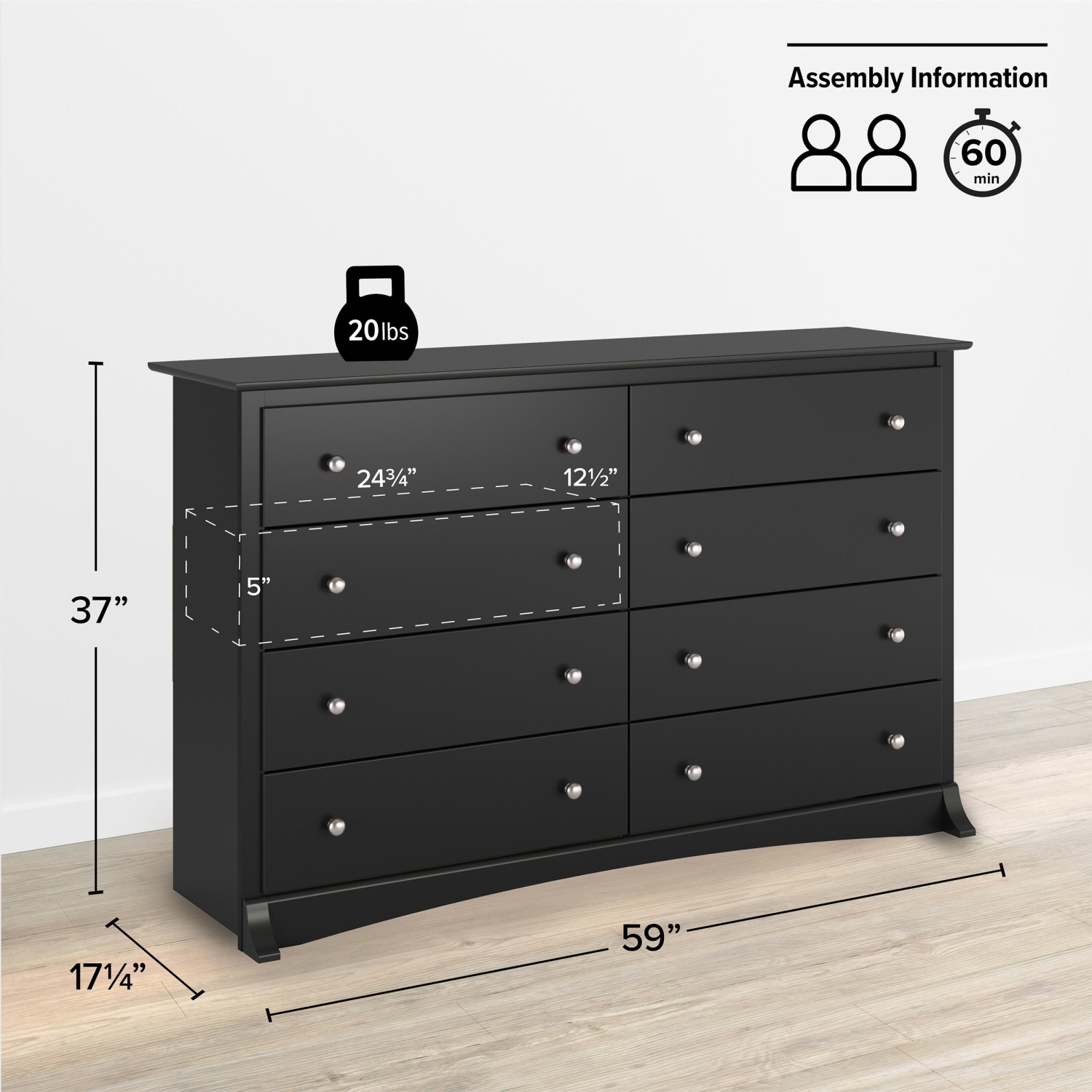Prepac – Commode transitionnelle à 8 tiroirs en bois composite Sonoma, noir