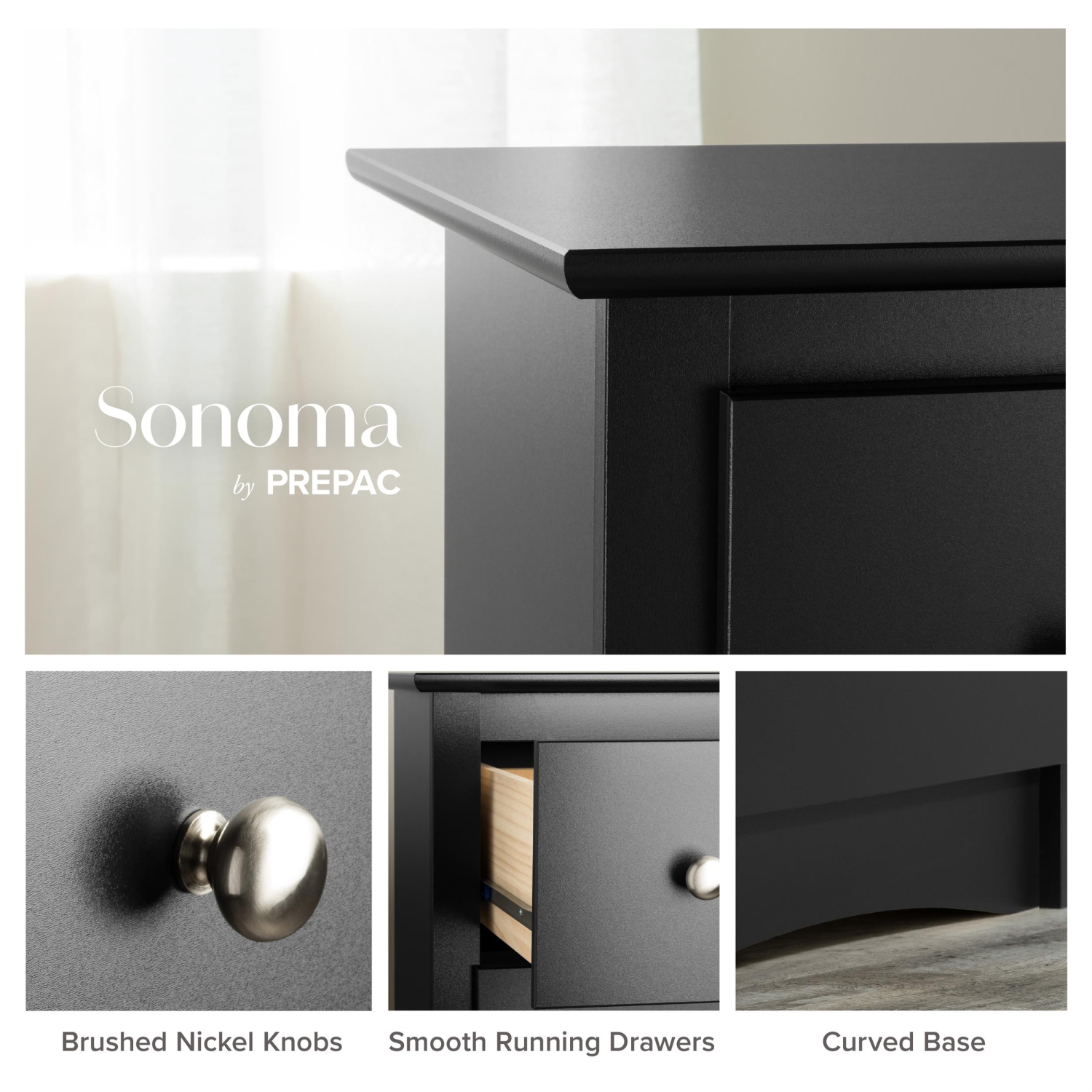 Prepac – Commode transitionnelle à 8 tiroirs en bois composite Sonoma, noir