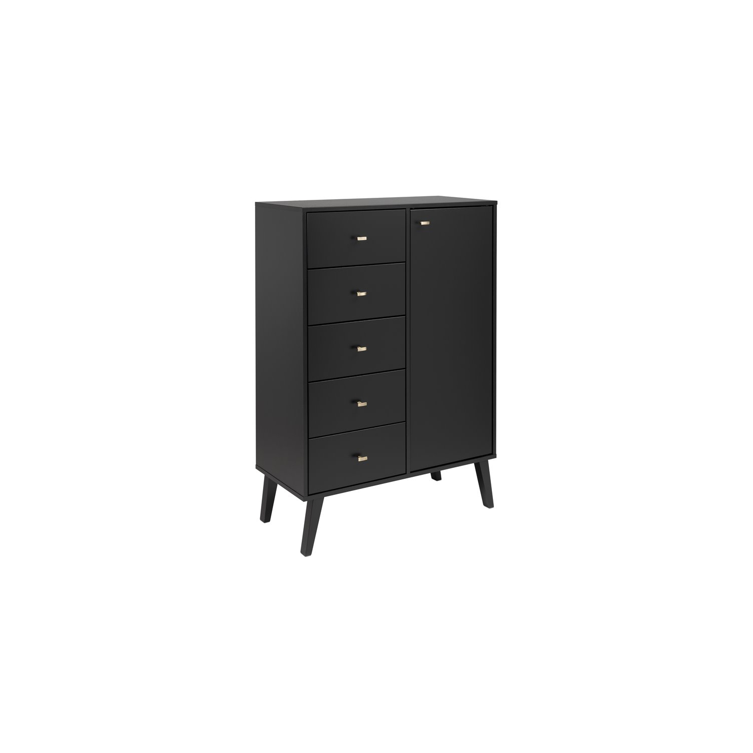 Prepac – Commode en bois moderne mi-siècle avec porte Milo, 5 tiroirs, noir