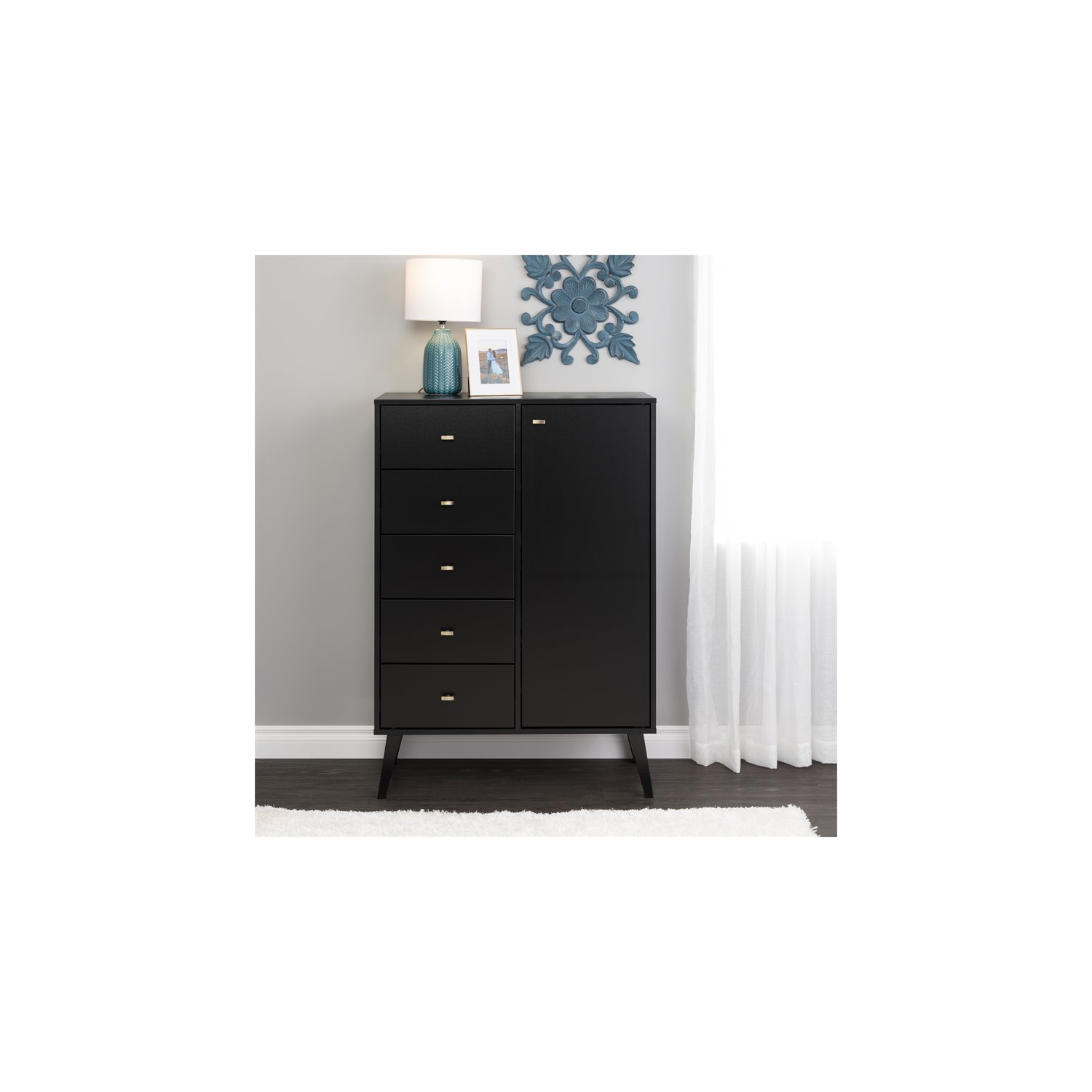 Prepac – Commode en bois moderne mi-siècle avec porte Milo, 5 tiroirs, noir