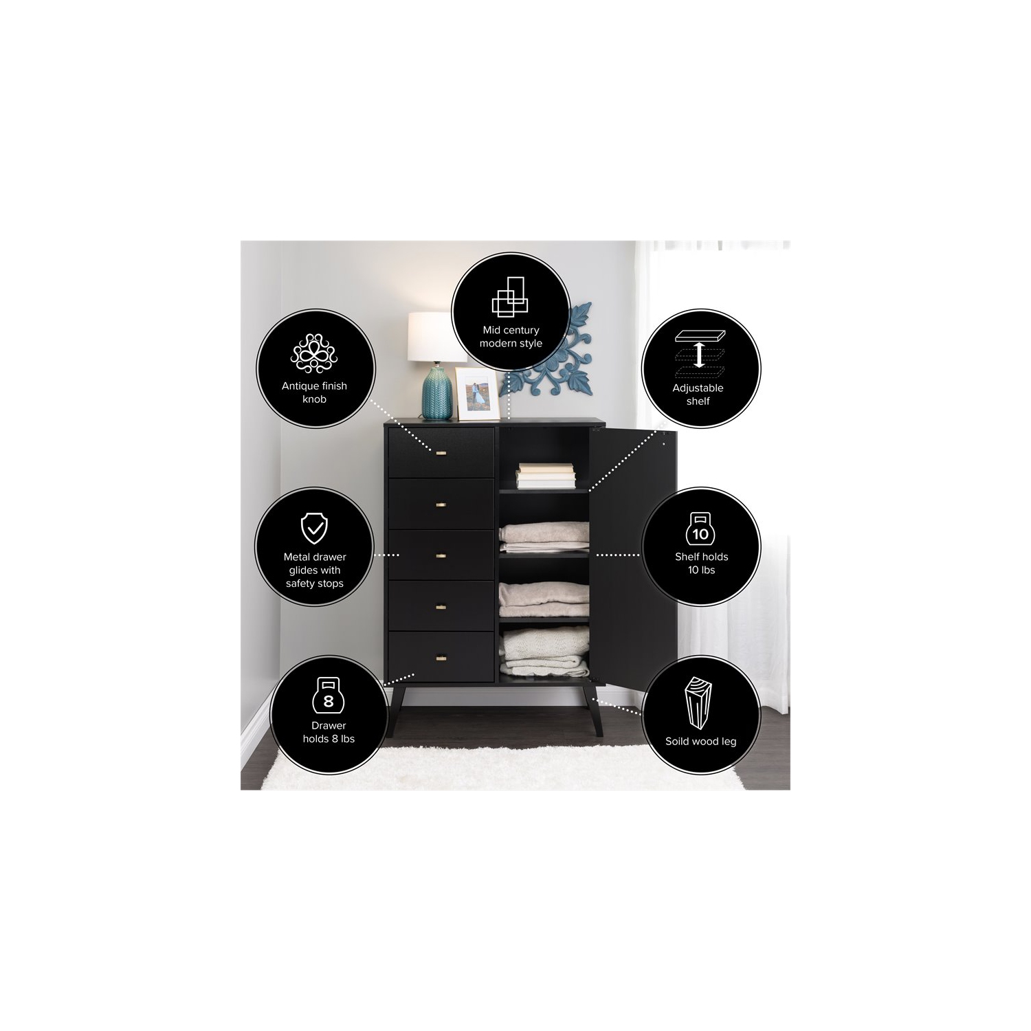 Prepac – Commode en bois moderne mi-siècle avec porte Milo, 5 tiroirs, noir