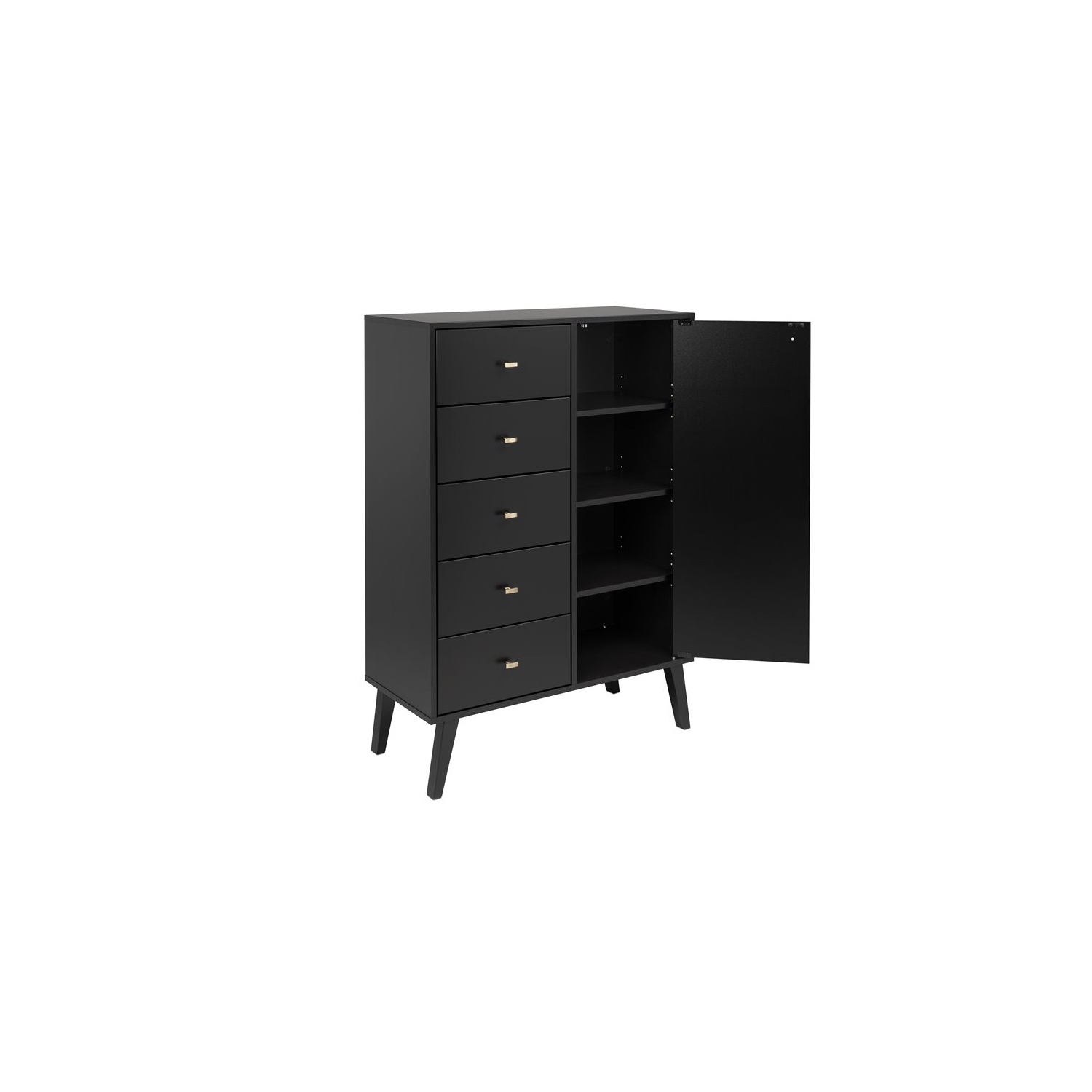 Prepac – Commode en bois moderne mi-siècle avec porte Milo, 5 tiroirs, noir