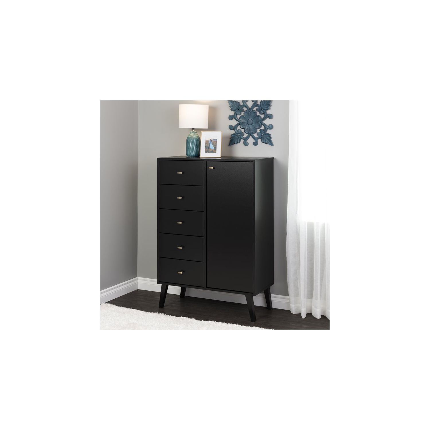 Prepac – Commode en bois moderne mi-siècle avec porte Milo, 5 tiroirs, noir