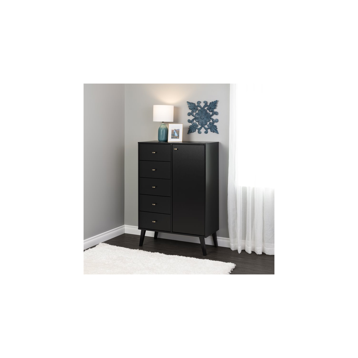 Prepac – Commode en bois moderne mi-siècle avec porte Milo, 5 tiroirs, noir