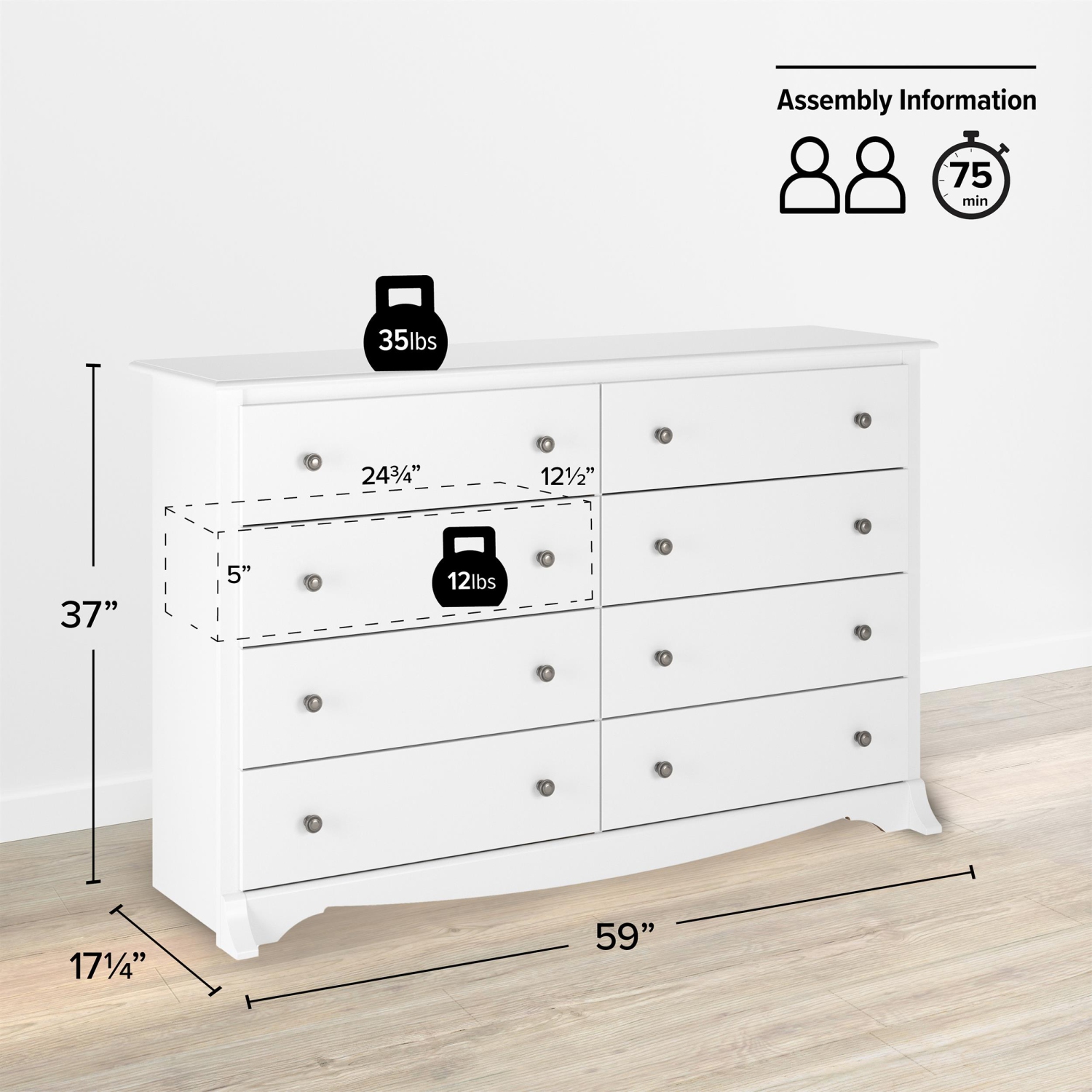 Prepac Monterey 8-Drawer Transitional Composite Wood Dresser in White