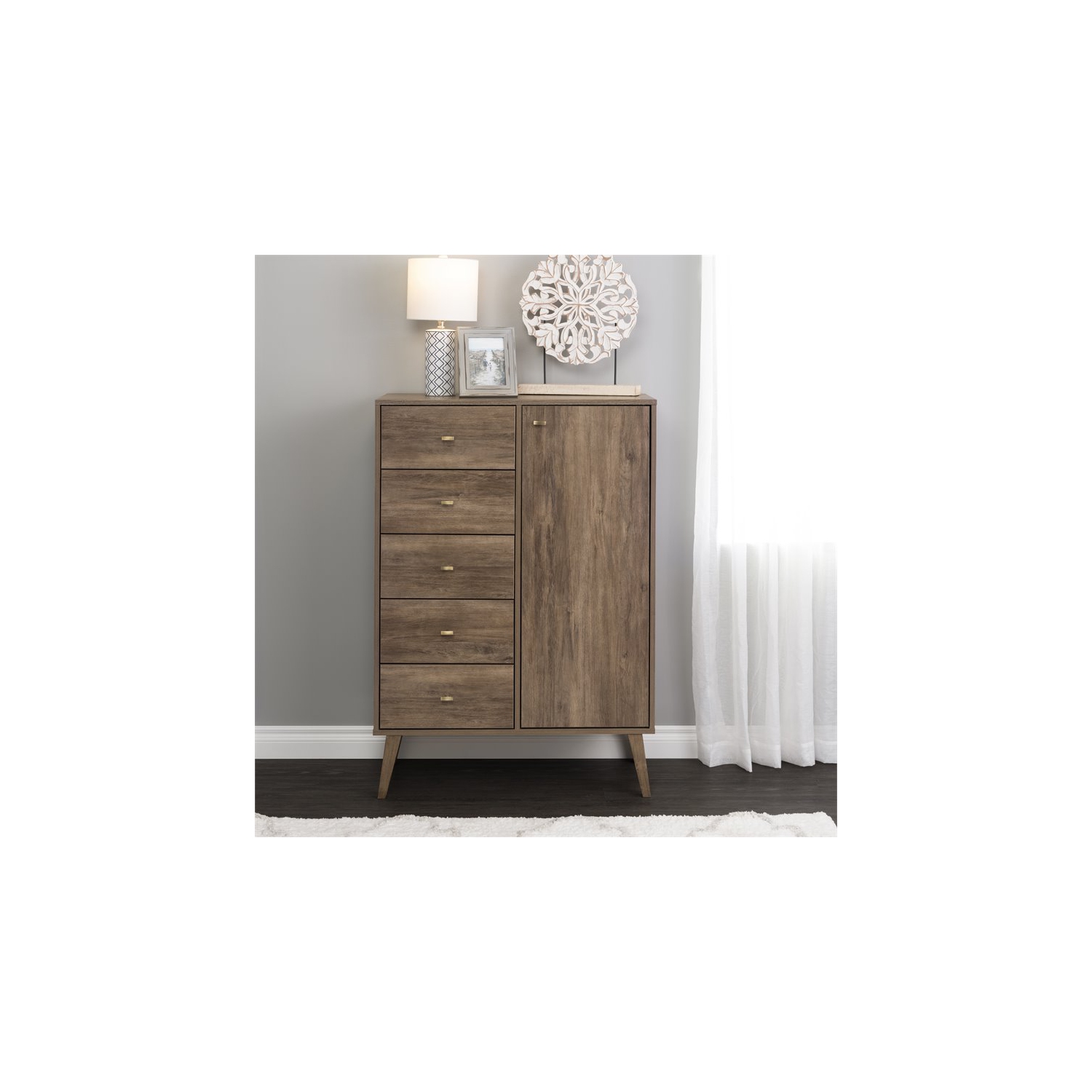 Prepac Milo 5-Drawer Mid-Century Modern Wood Chest with Door in Gray