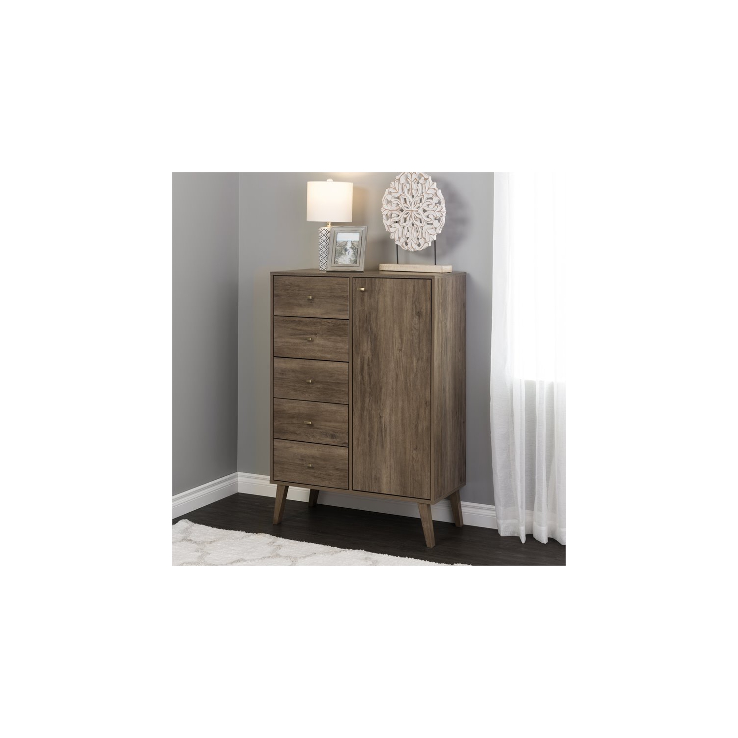 Prepac Milo 5-Drawer Mid-Century Modern Wood Chest with Door in Gray