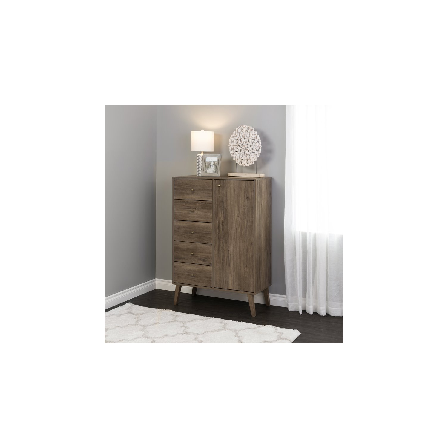 Prepac Milo 5-Drawer Mid-Century Modern Wood Chest with Door in Gray