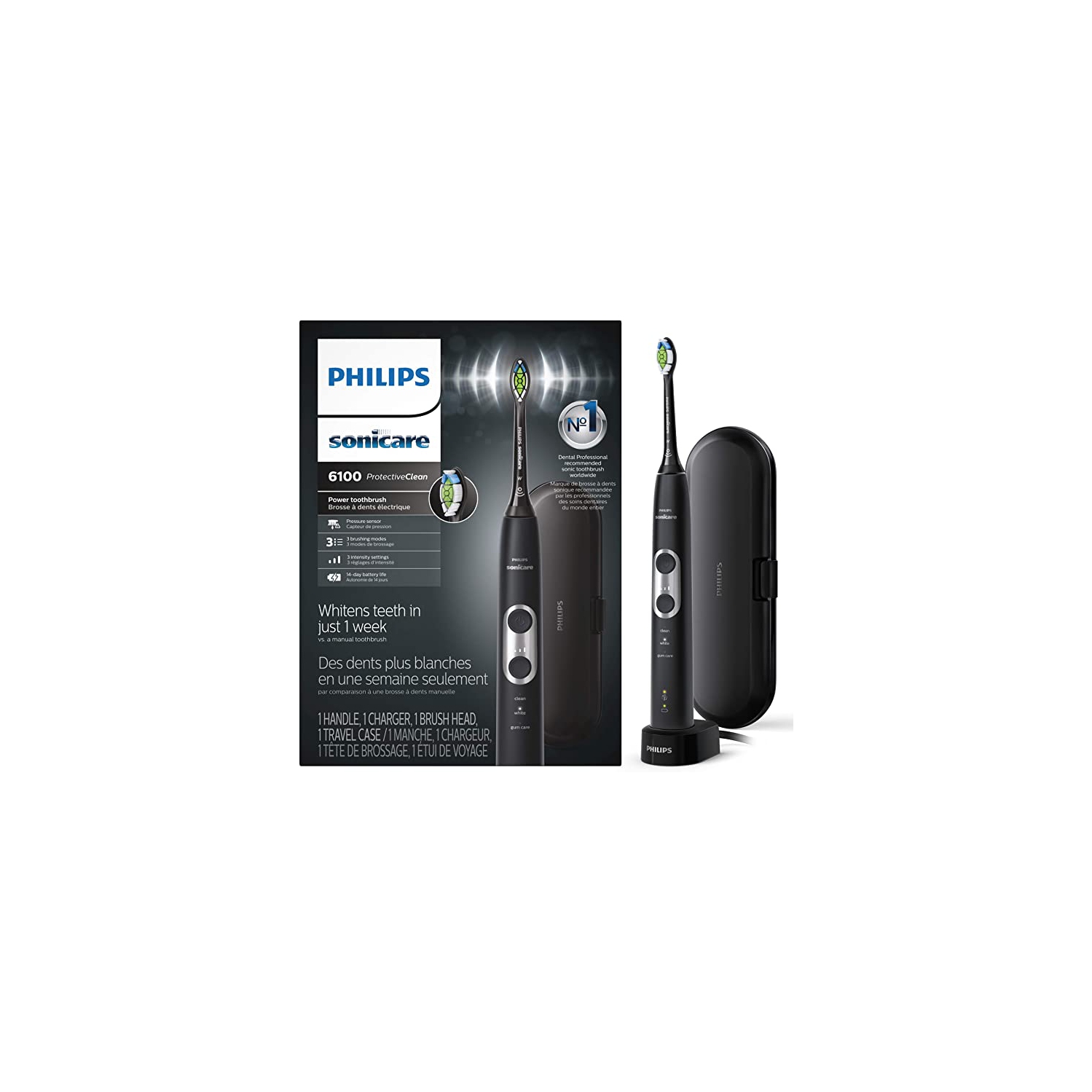 Philips – brosse à dents électrique rechargeable blanchissante Sonicare Protective Clean 6100 avec capteur de pression et intensité – Hx6827/41 – Noir
