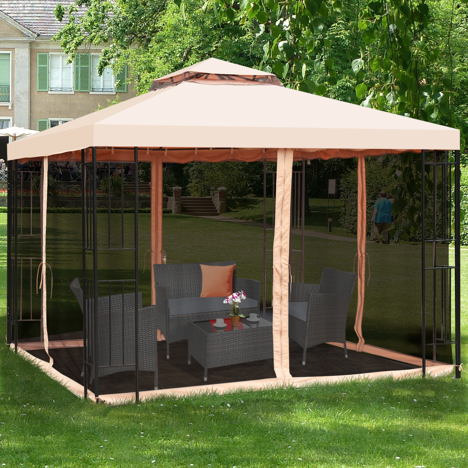Topbuy 10'x10' Outdoor Canopy Gazebo Art Steel Frame 2-Tiers Party Patio Large Canopy Gazebo W/Netting&Side Walls