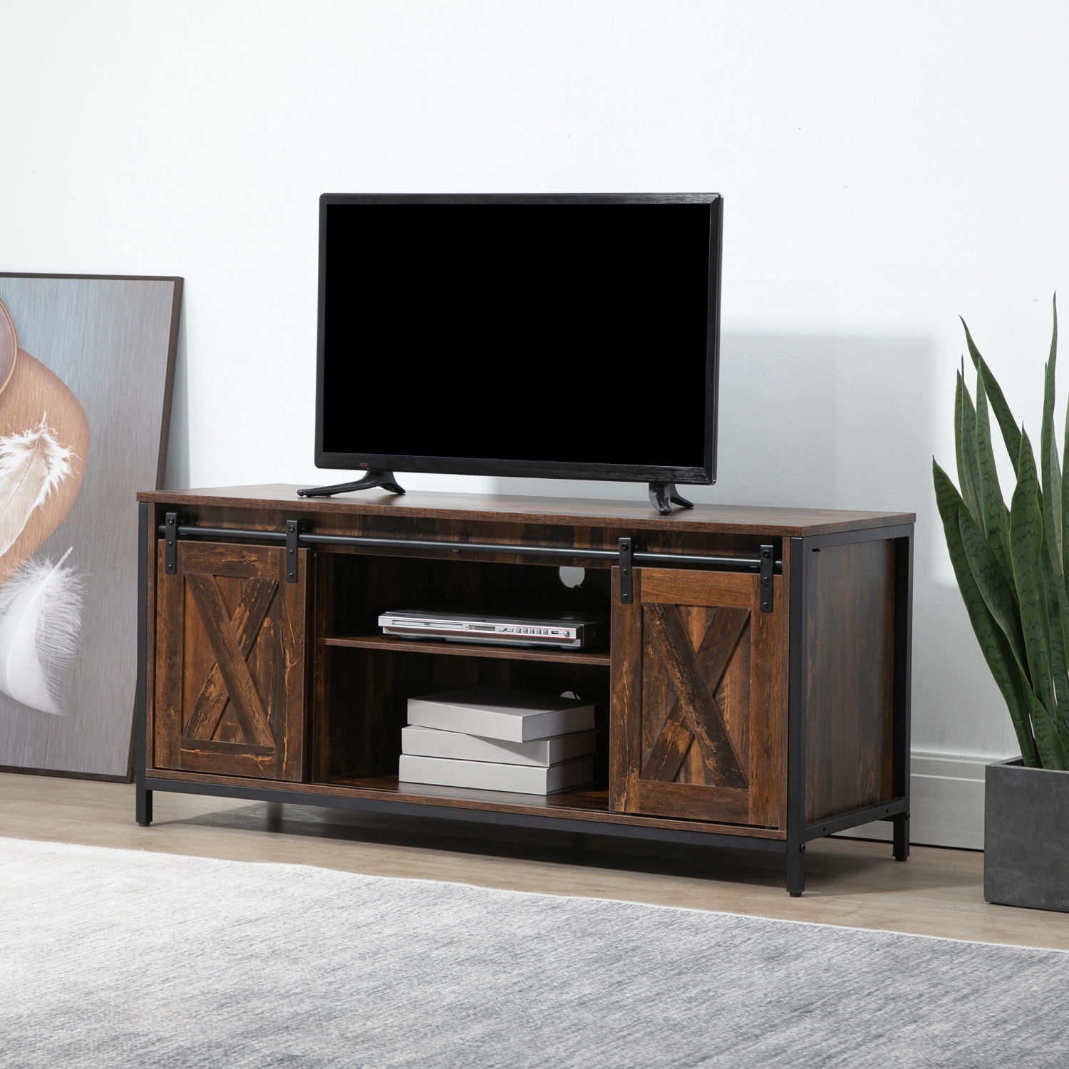 HOMCOM Industrial TV Stand for TVs up to 60", TV Console with Storage and 2 Sliding Barn Doors, Freestanding Entertainment Unit for Living Room,