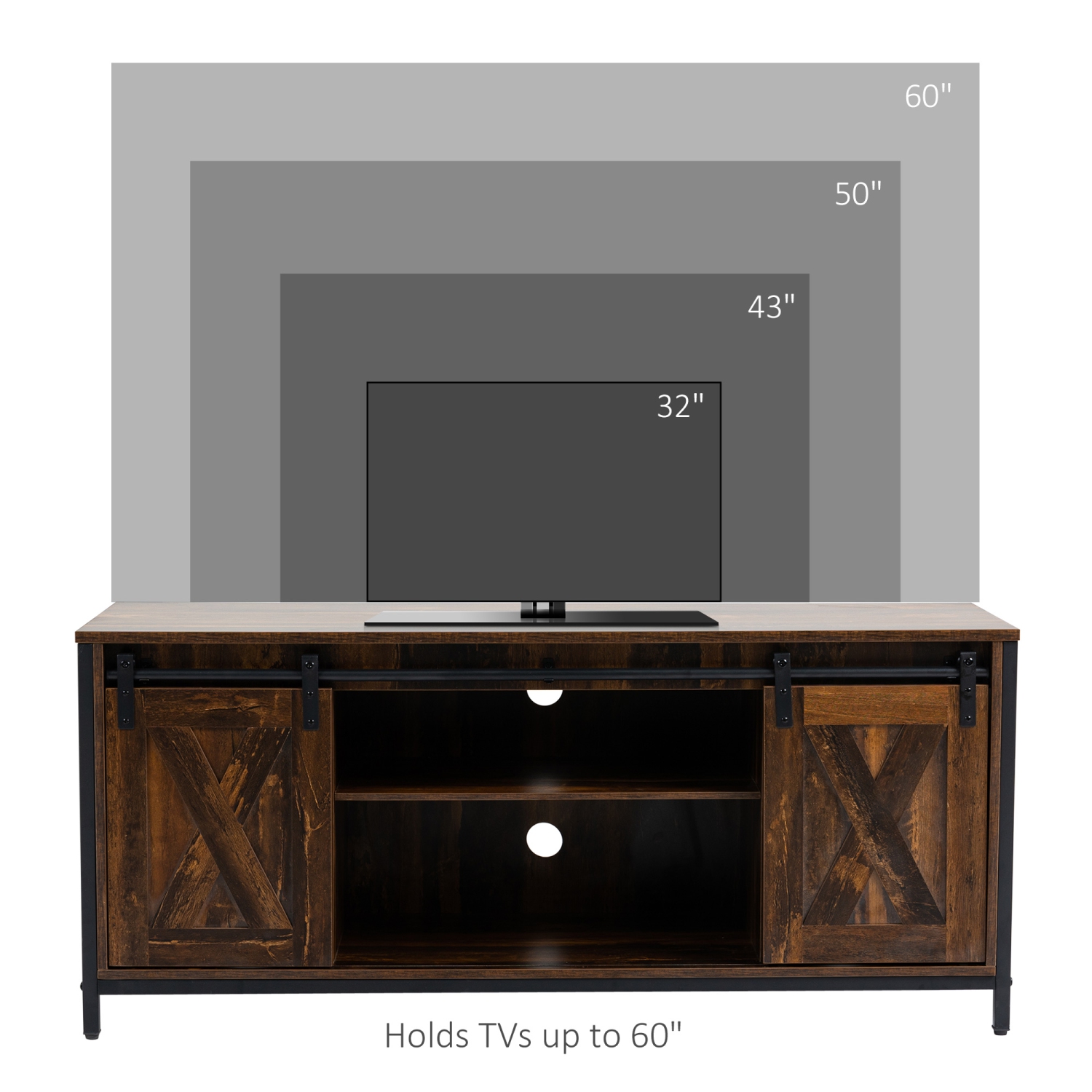 HOMCOM Industrial TV Stand for TVs up to 60", TV Console with Storage and 2 Sliding Barn Doors, Freestanding Entertainment Unit for Living Room,