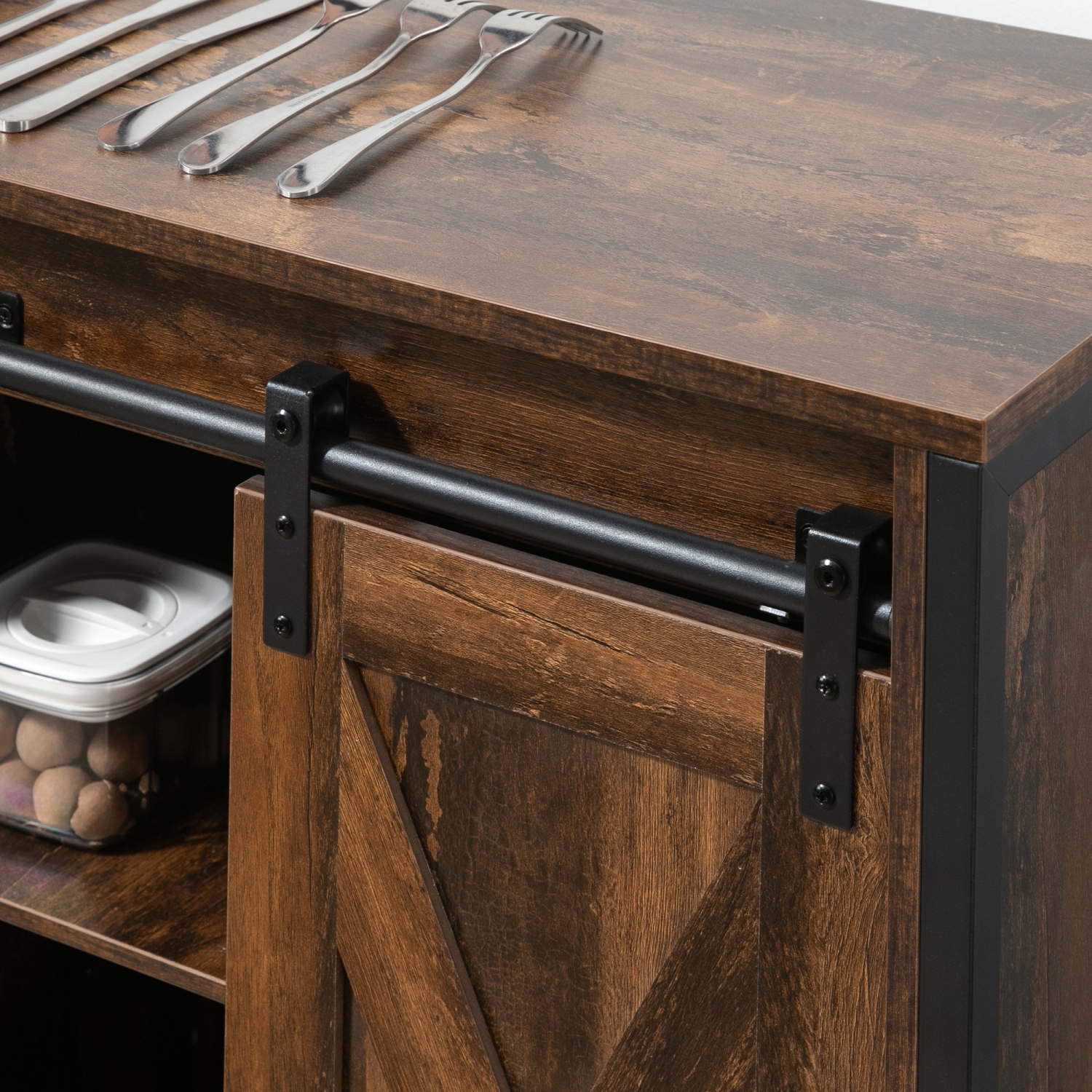 HOMCOM Buffet Industriel, Buffet avec Portes Coulissantes de Grange, Armoires de Rangement et étagères Réglables pour Salon, Cuisine, Bar, Marron