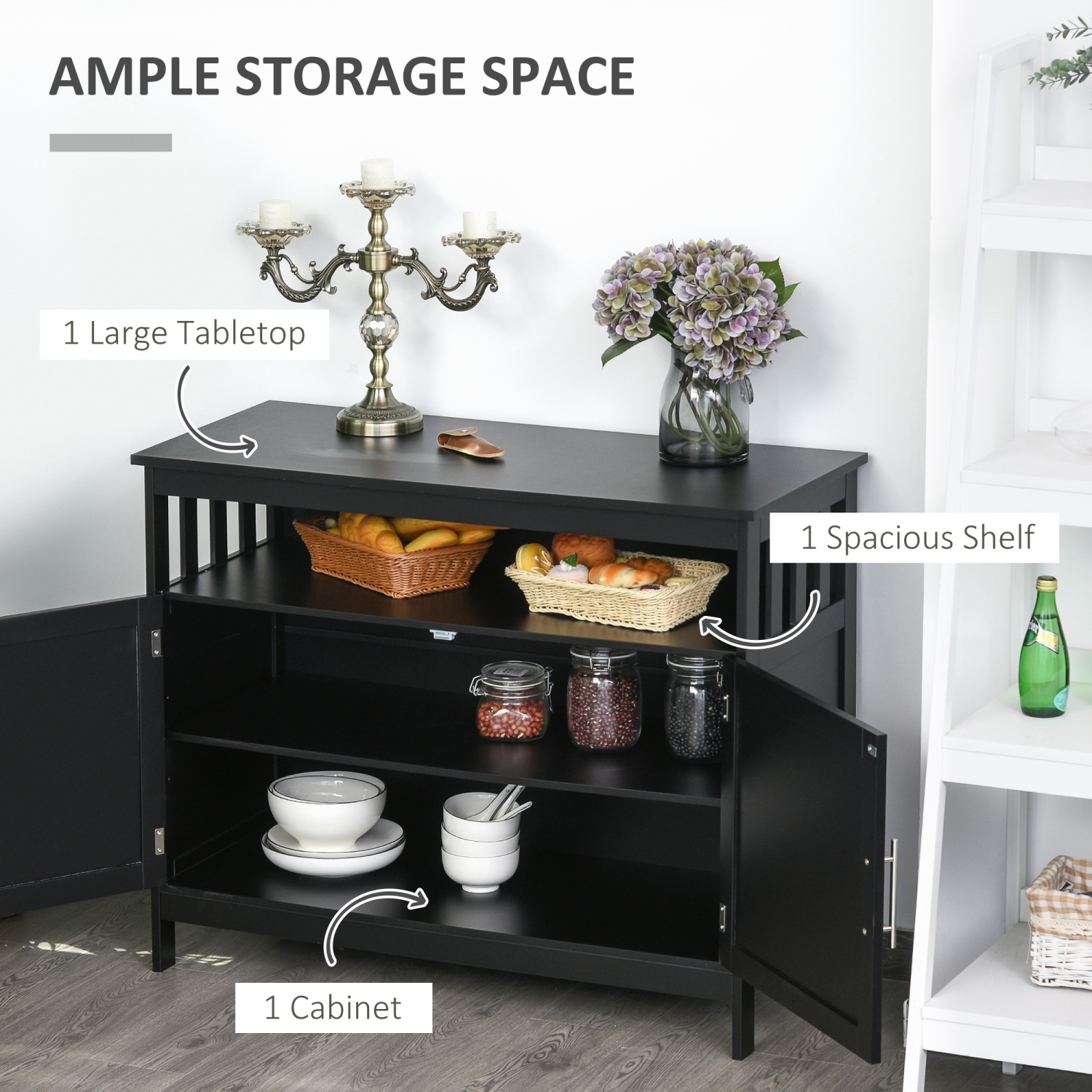 HOMCOM Buffet de cuisine, buffet, console de rangement en bois avec armoire à 2 niveaux et étagère ouverte, noir