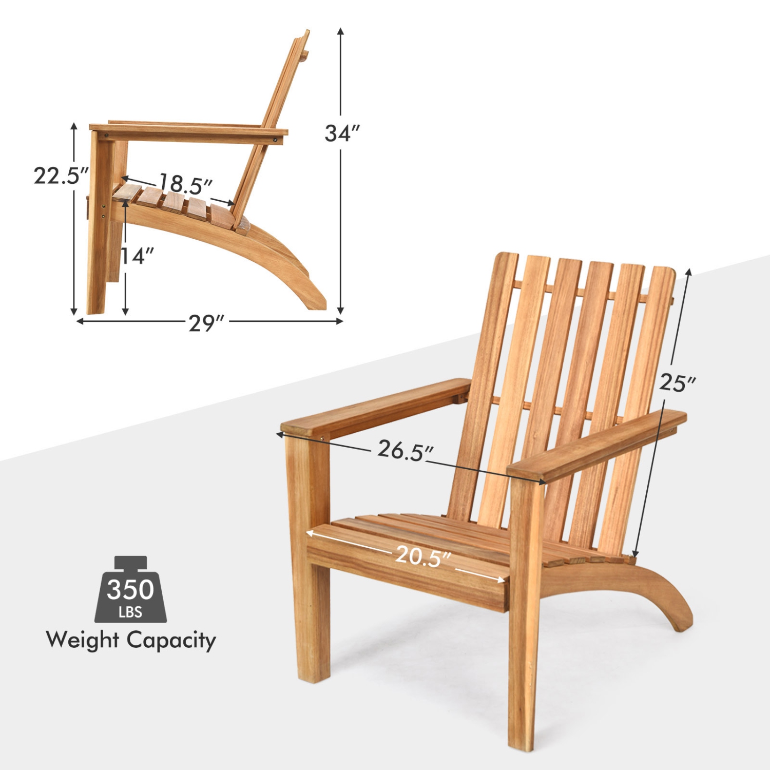 Patiojoy Wooden Adirondack Chair W/Ergonomic Design Outdoor Lounge Armchair Acacia Wood chair for Yard&Patio Black/Gray/White