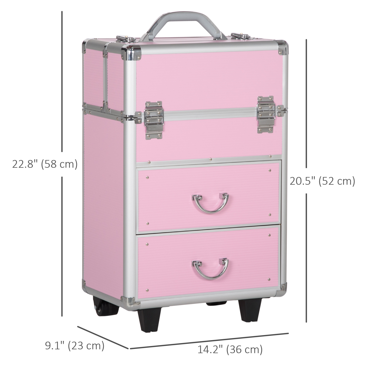 HOMCOM Aluminum Rolling Makeup Train Case, Portable Professional Cosmetic Makeup Case, Lockable Traveling Cart Trunk with Folding Trays, Swivel