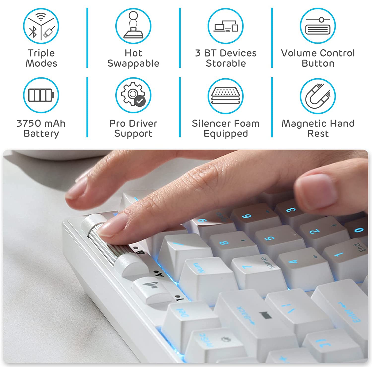 RK ROYAL KLUDGE RK96 90% Triple Mode BT5.0/2.4G/USB-C Hot Swappable Mechanical Keyboard with Magnetic Hand Rest, 96 Keys Wireless Bluetooth Gaming