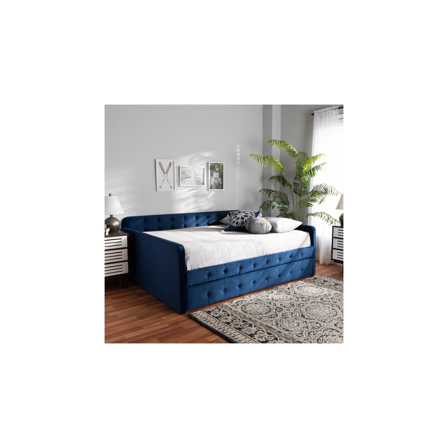 Baxton Studio Jona Navy Blue Velvet Upholstered Full Size Daybed with Trundle
