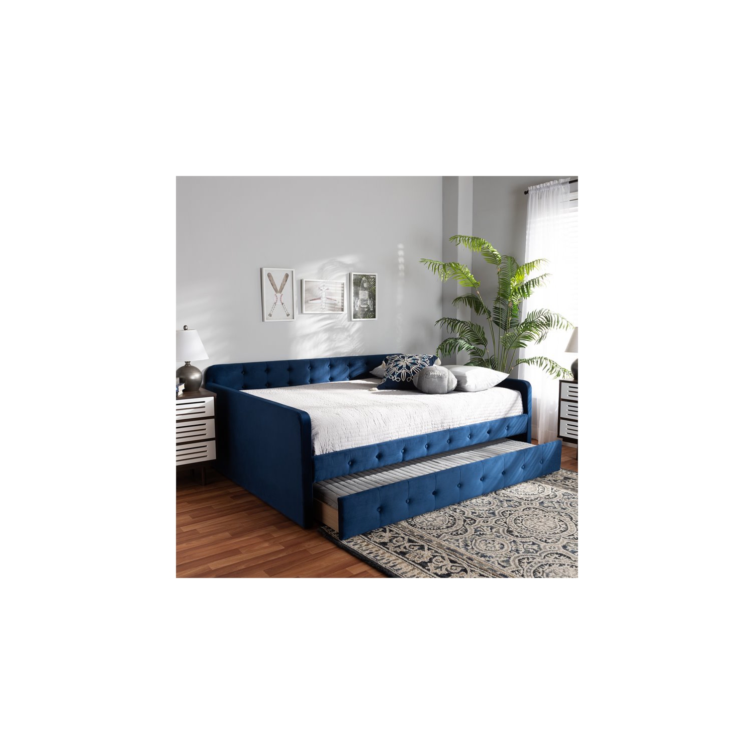 Baxton Studio Jona Navy Blue Velvet Upholstered Full Size Daybed with Trundle