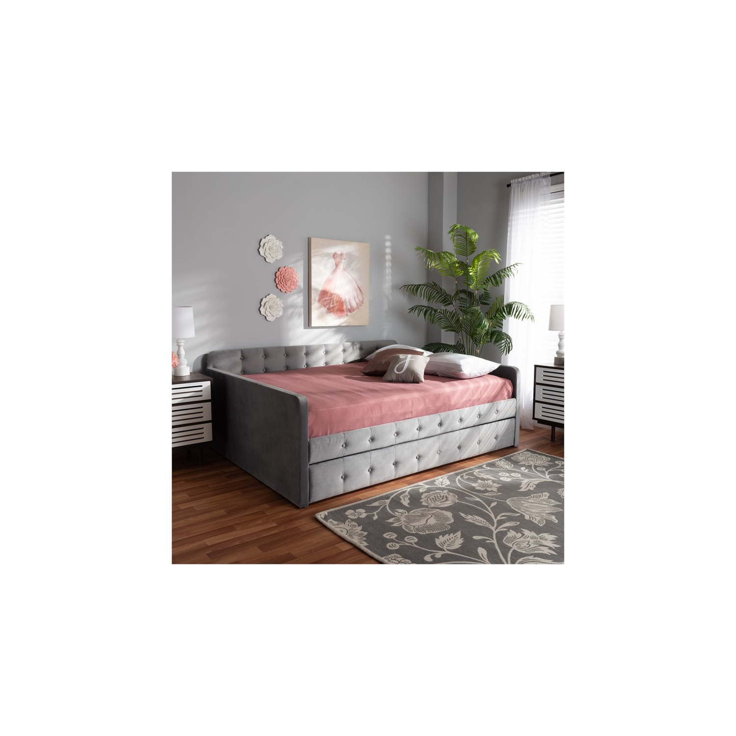 Baxton Studio Jona Gray Velvet Upholstered Full Size Daybed with Trundle