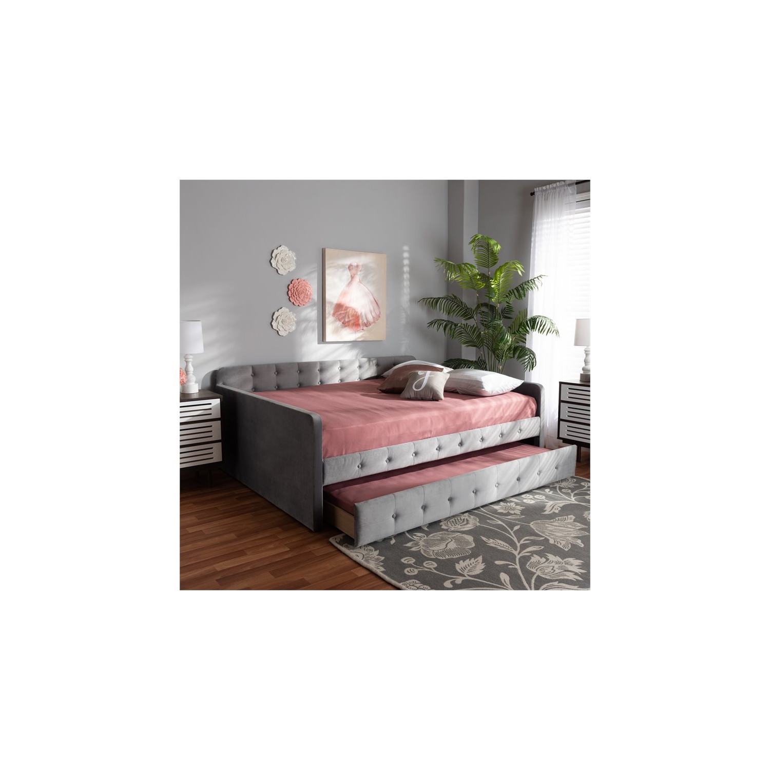 Baxton Studio Jona Gray Velvet Upholstered Full Size Daybed with Trundle