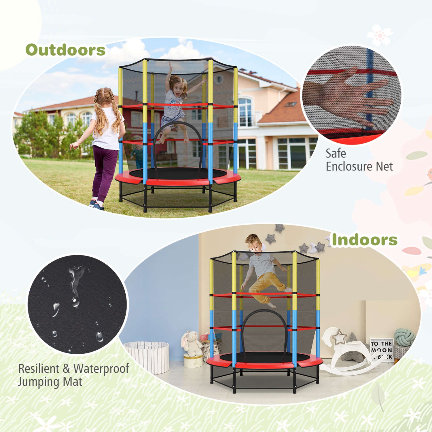 TopBuy – Mini-enfants Jumping Exercise, 55 po, certifié ASTM, trampolines récréatifs avec filet pour enfants, cadeau d’anniversaire de jouets