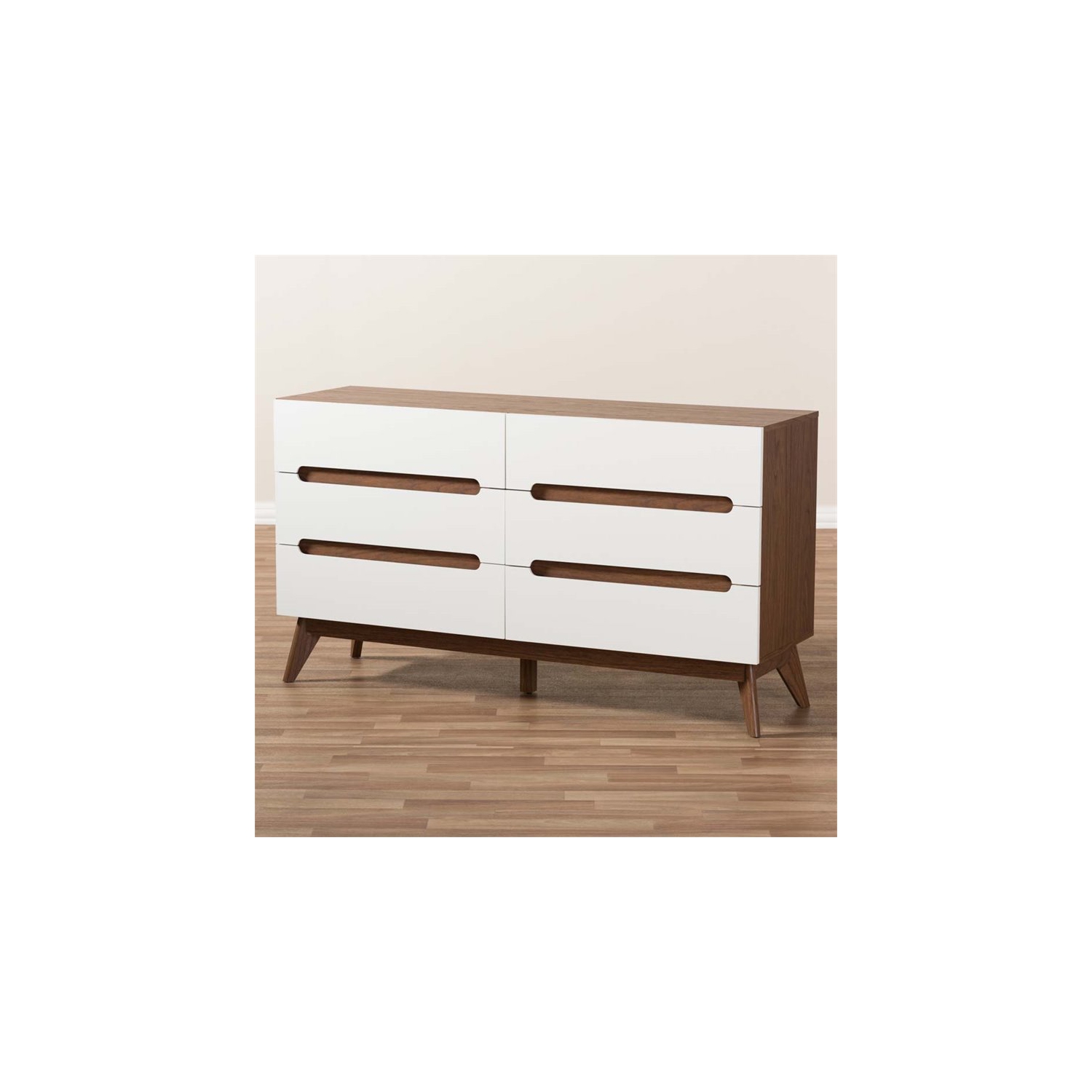 Hawthorne Collections 6 Drawer Wooden Double Dresser in White and Walnut
