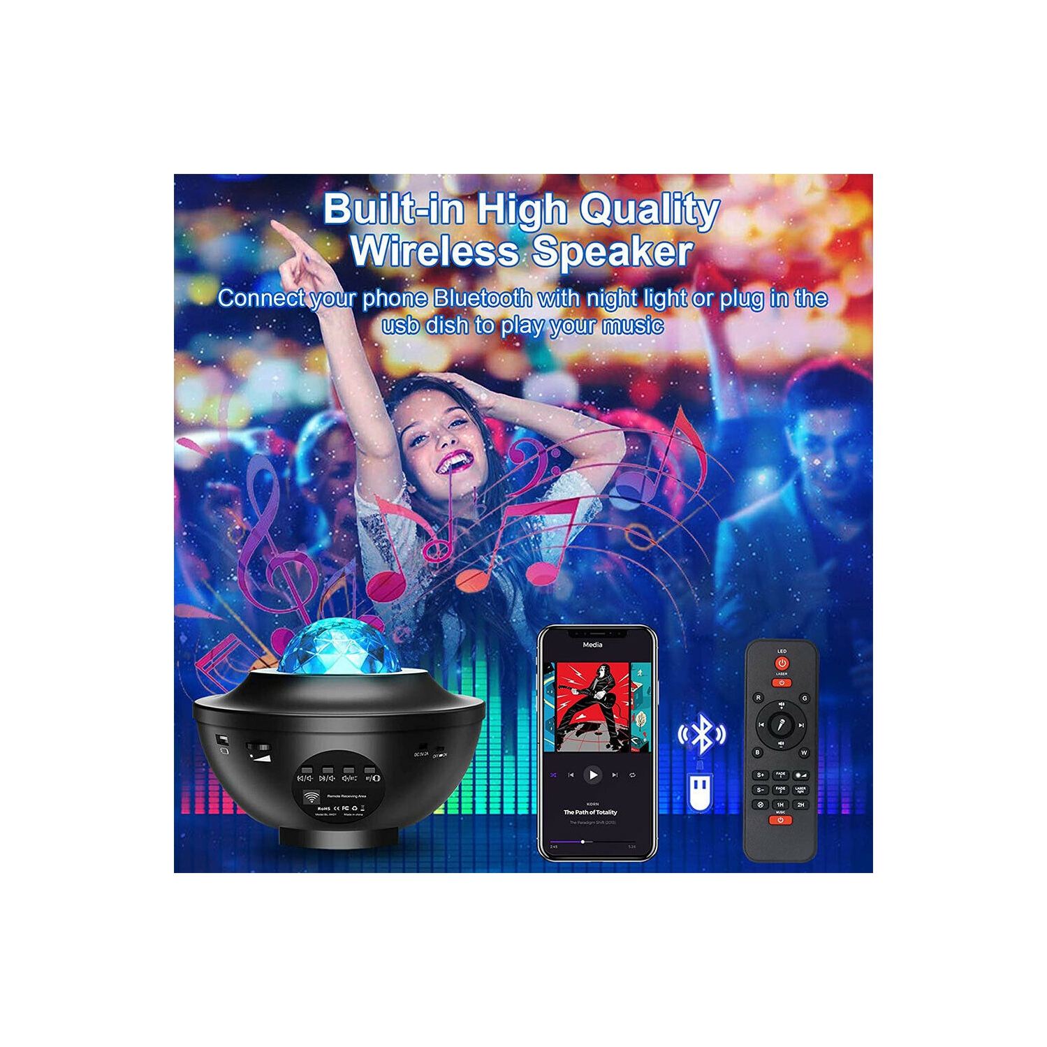 LED Star Light Projector Music Player w/ Bluetooth 5.0 & Timer & Remote Control