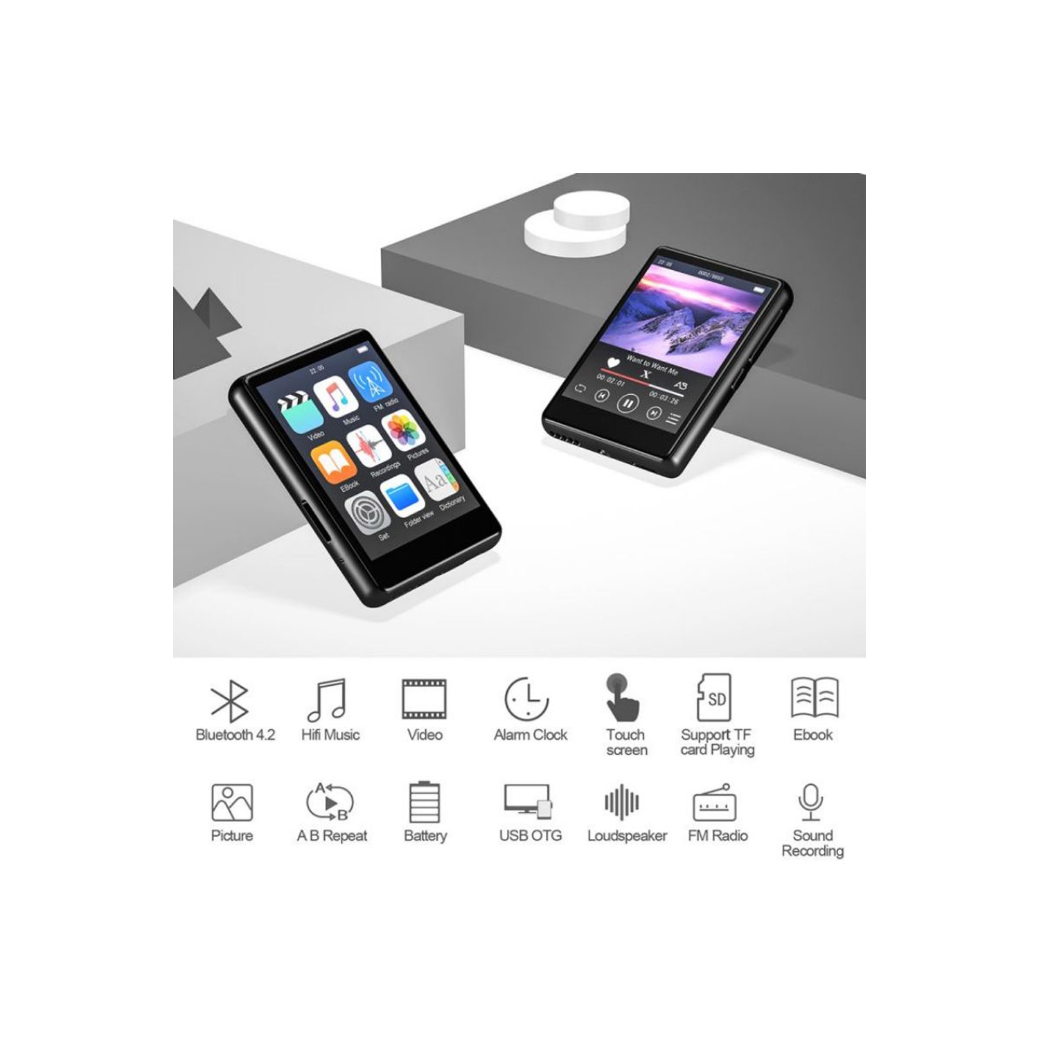 axGear MP3 Player Bluetooth 5.0 Full Touch Screen with Line-in Speaker and FM Radio