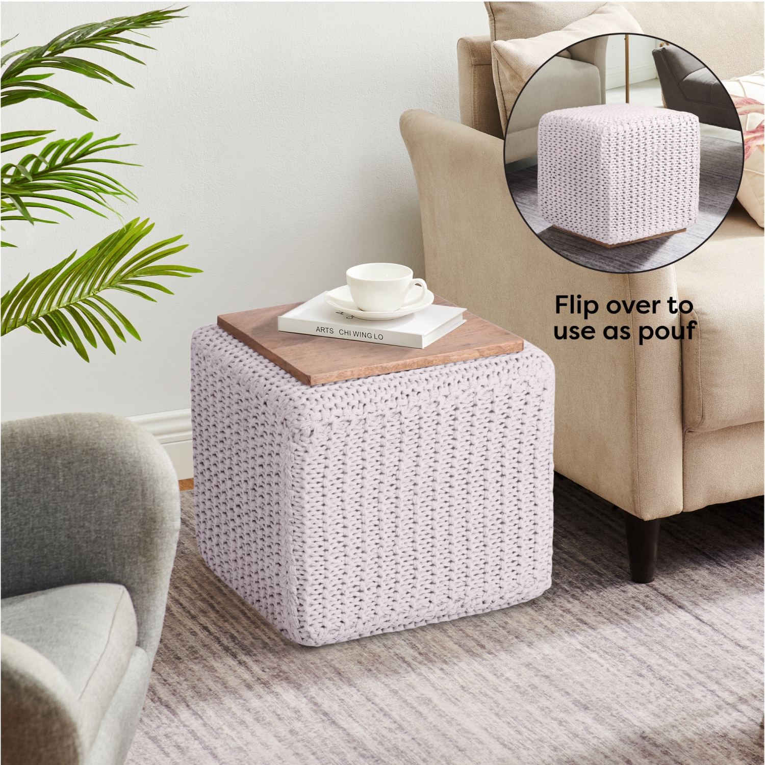 Loft Lyfe Shaelyn Cotton Yarn 3-in-1 Pouf/Ottoman/End Table, White