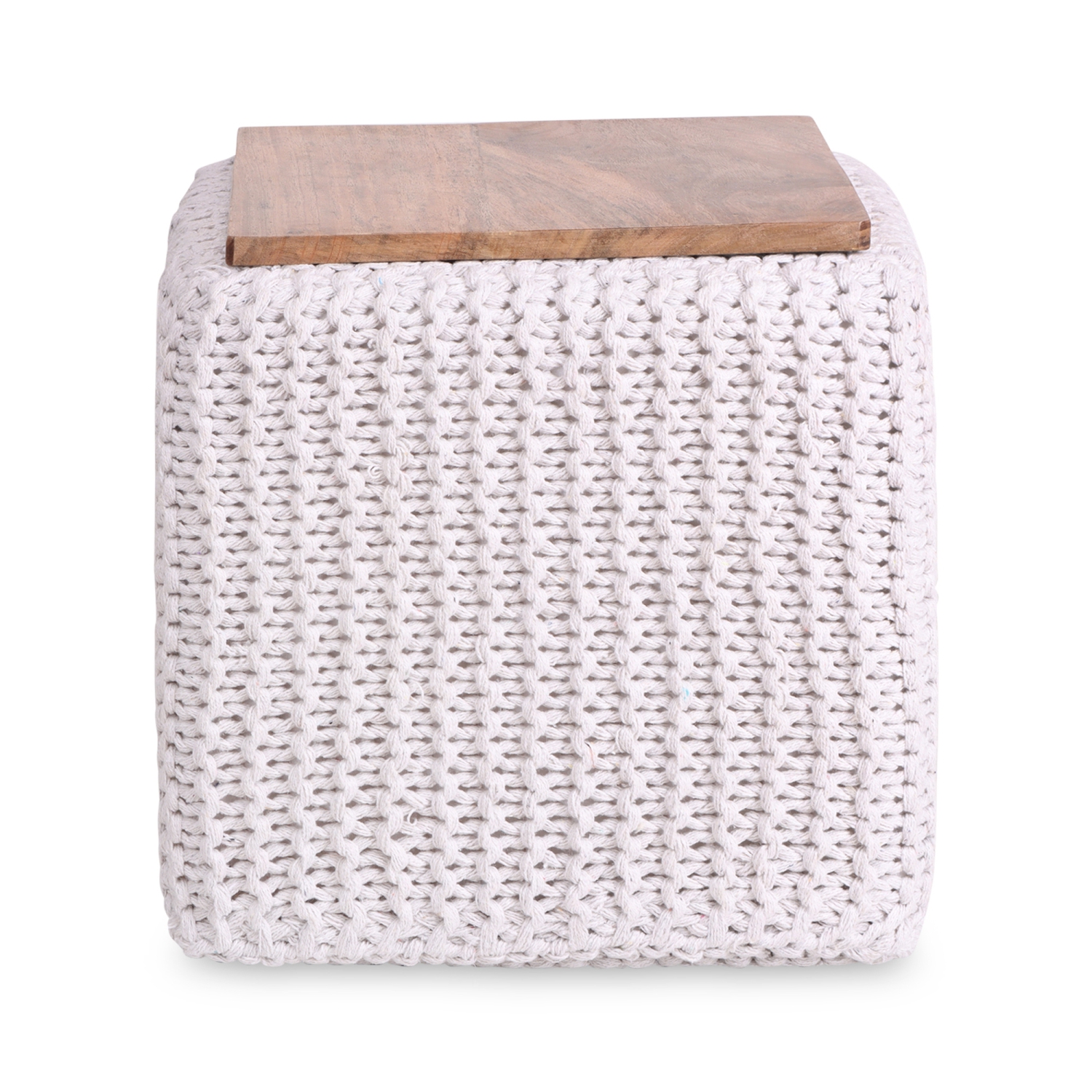 Loft Lyfe Shaelyn Cotton Yarn 3-in-1 Pouf/Ottoman/End Table, White