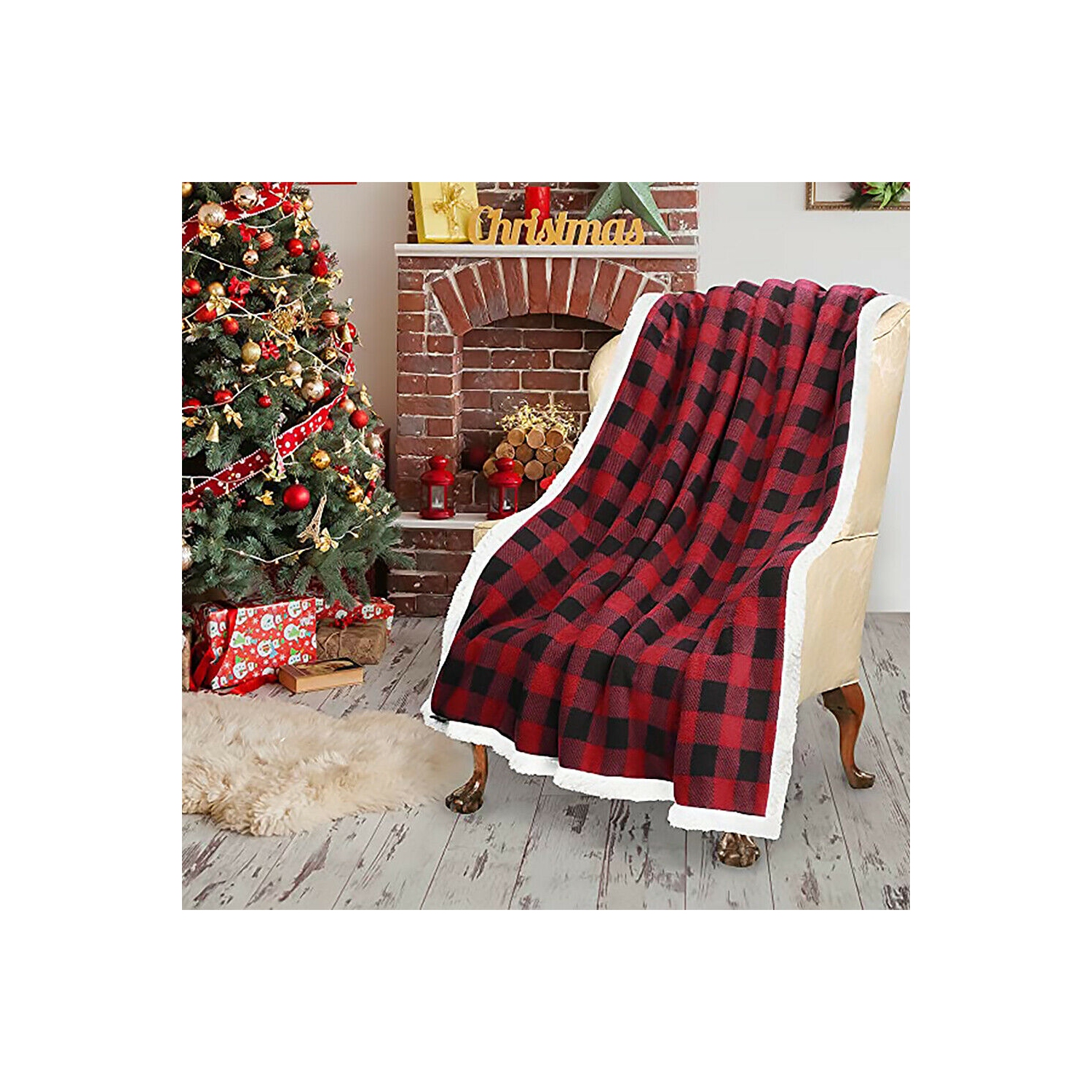 [Hypoallergenic, Anti-Static, Warm] Plaid Design Reversible Sherpa Throw Blanket