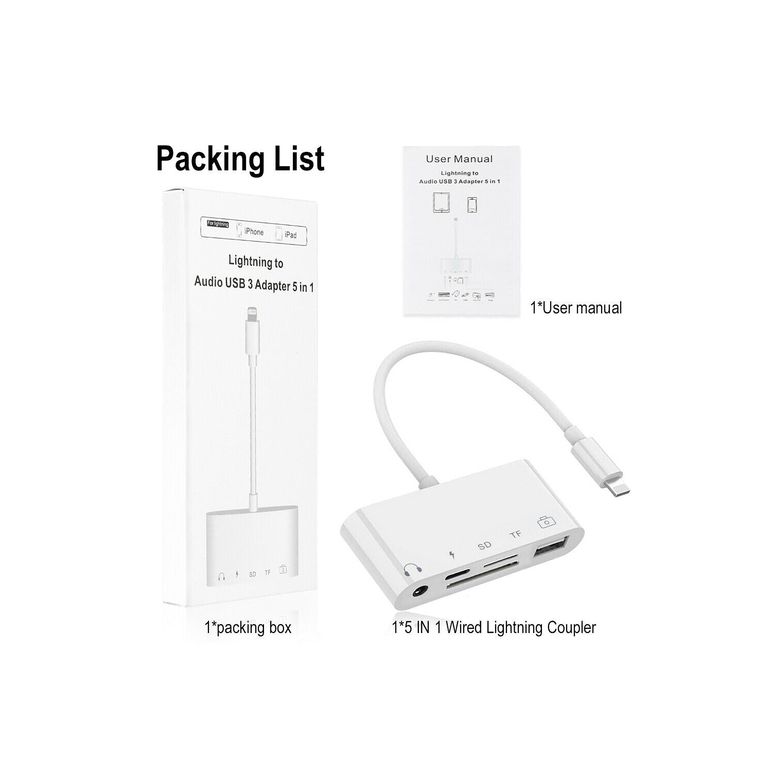 5 in 1 8-Pin to TF SD Card Reader Camera USB OTG Adapter For iPhone iPad iPod CA