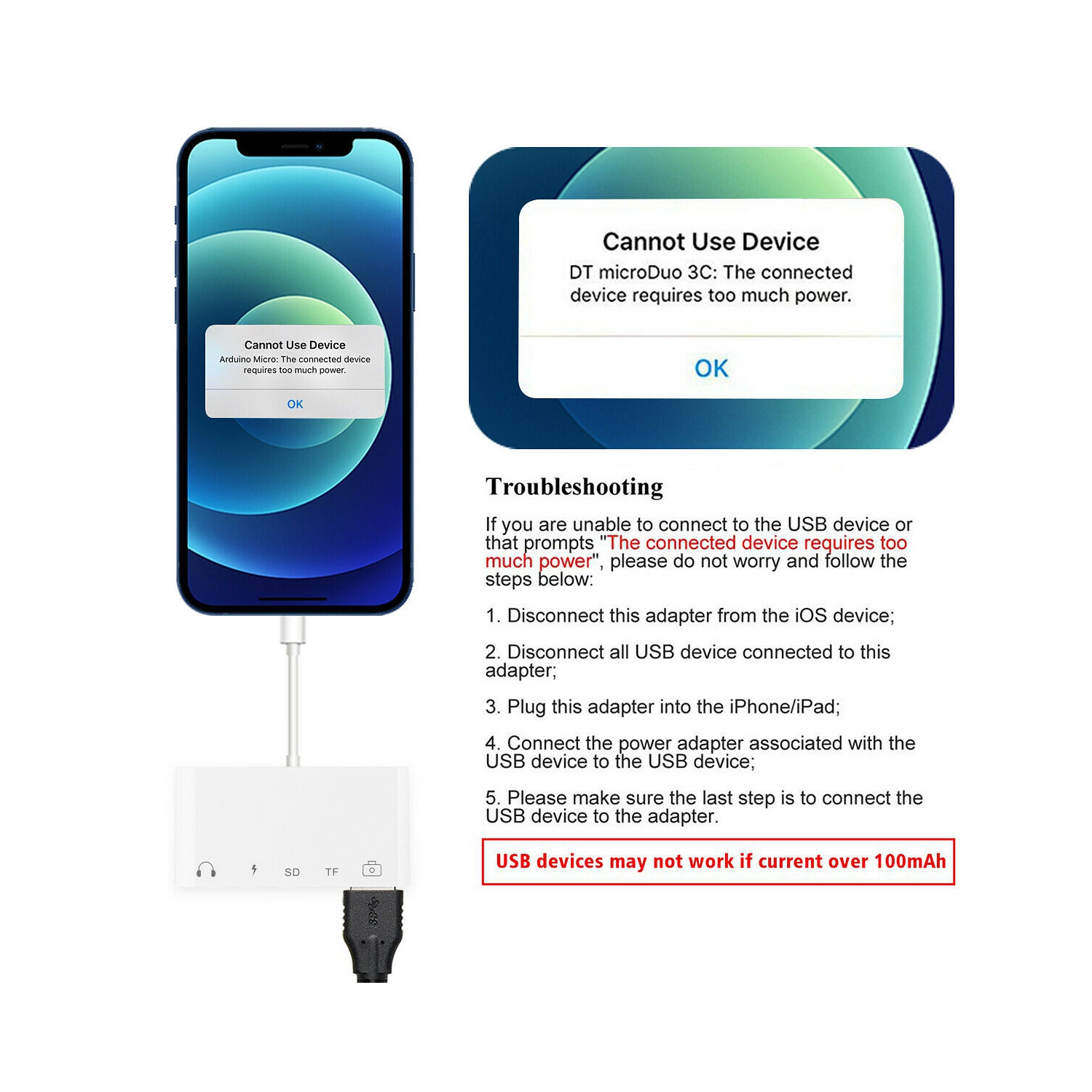 5 in 1 8-Pin to TF SD Card Reader Camera USB OTG Adapter For iPhone iPad iPod CA