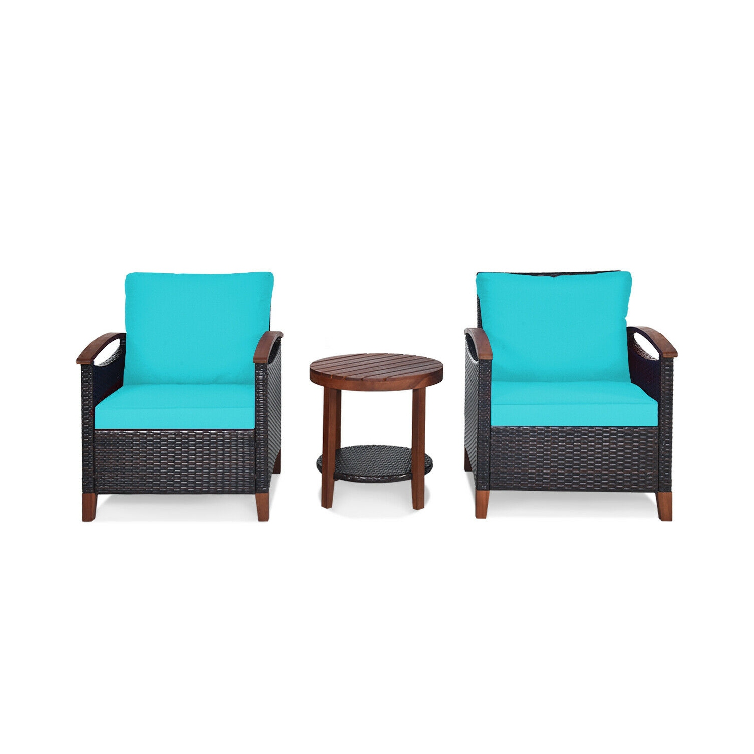3 Pcs Solid Wood Frame Patio Rattan Furniture Set-Turquoise