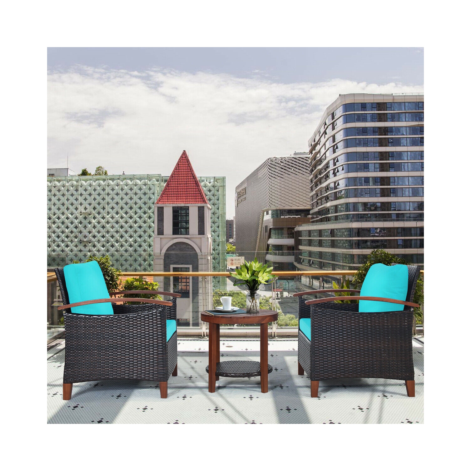 3 Pcs Solid Wood Frame Patio Rattan Furniture Set-Turquoise