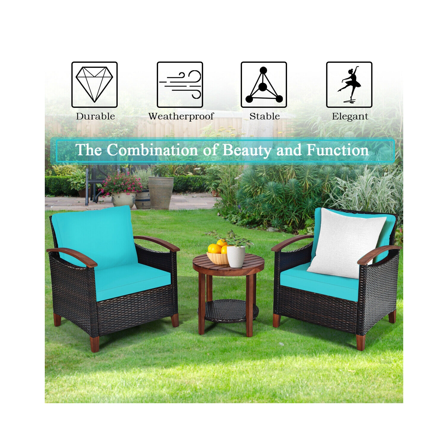 3 Pcs Solid Wood Frame Patio Rattan Furniture Set-Turquoise