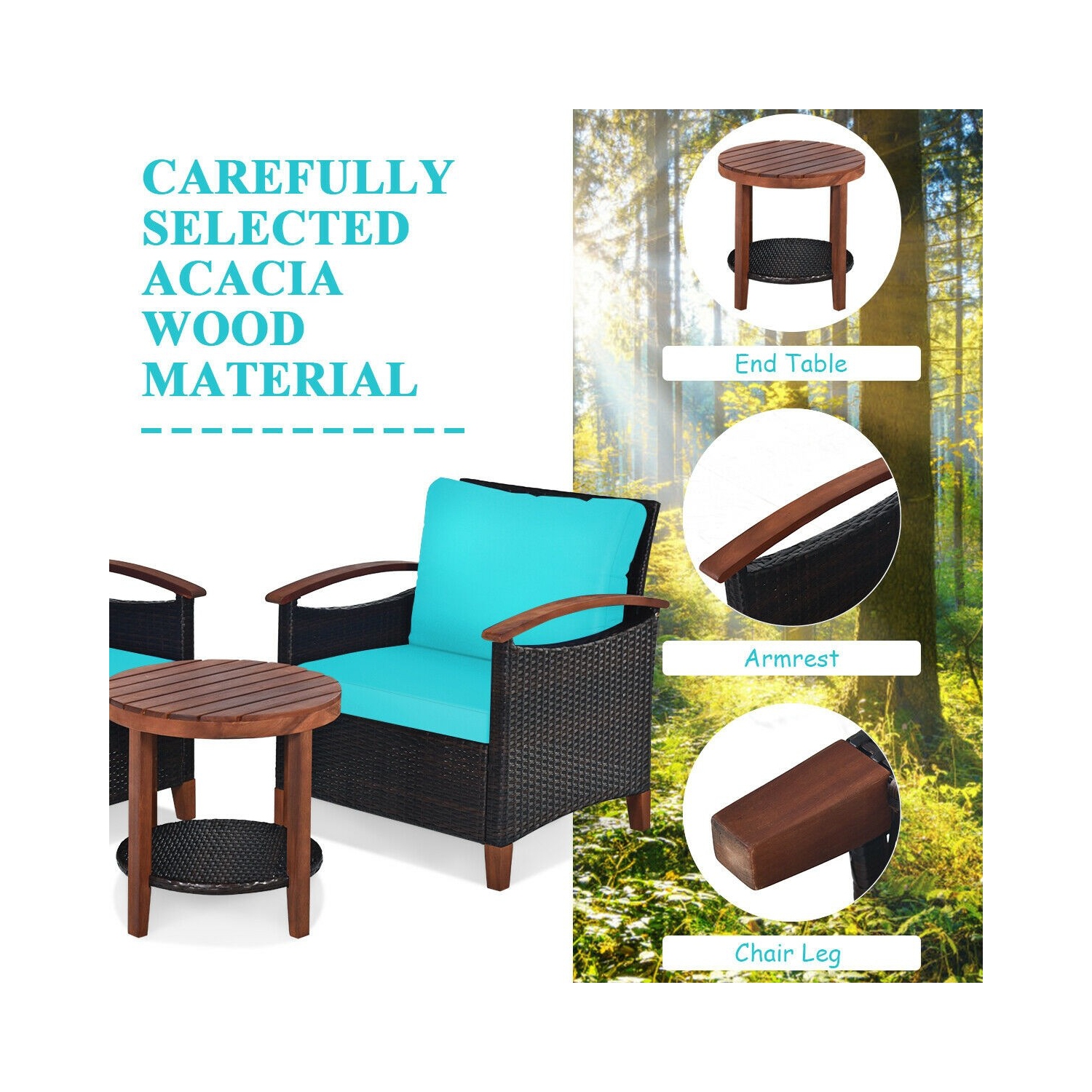 3 Pcs Solid Wood Frame Patio Rattan Furniture Set-Turquoise