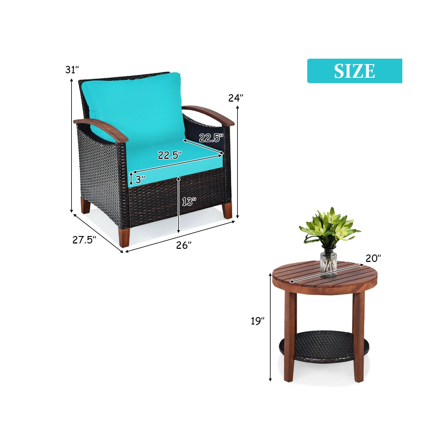 3 Pcs Solid Wood Frame Patio Rattan Furniture Set-Turquoise