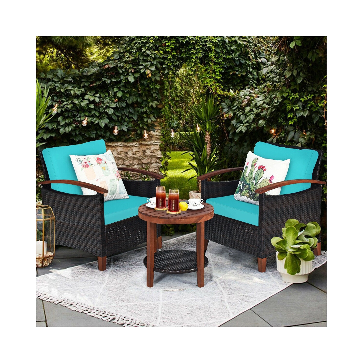 3 Pcs Solid Wood Frame Patio Rattan Furniture Set-Turquoise