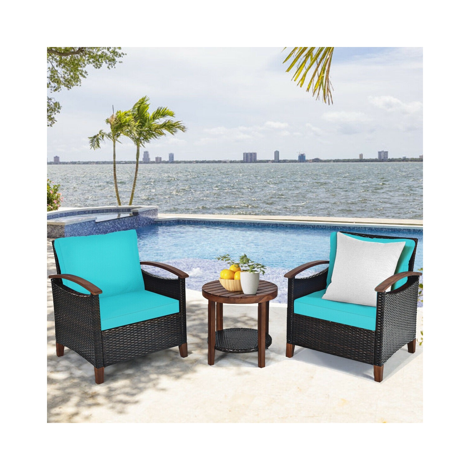 3 Pcs Solid Wood Frame Patio Rattan Furniture Set-Turquoise